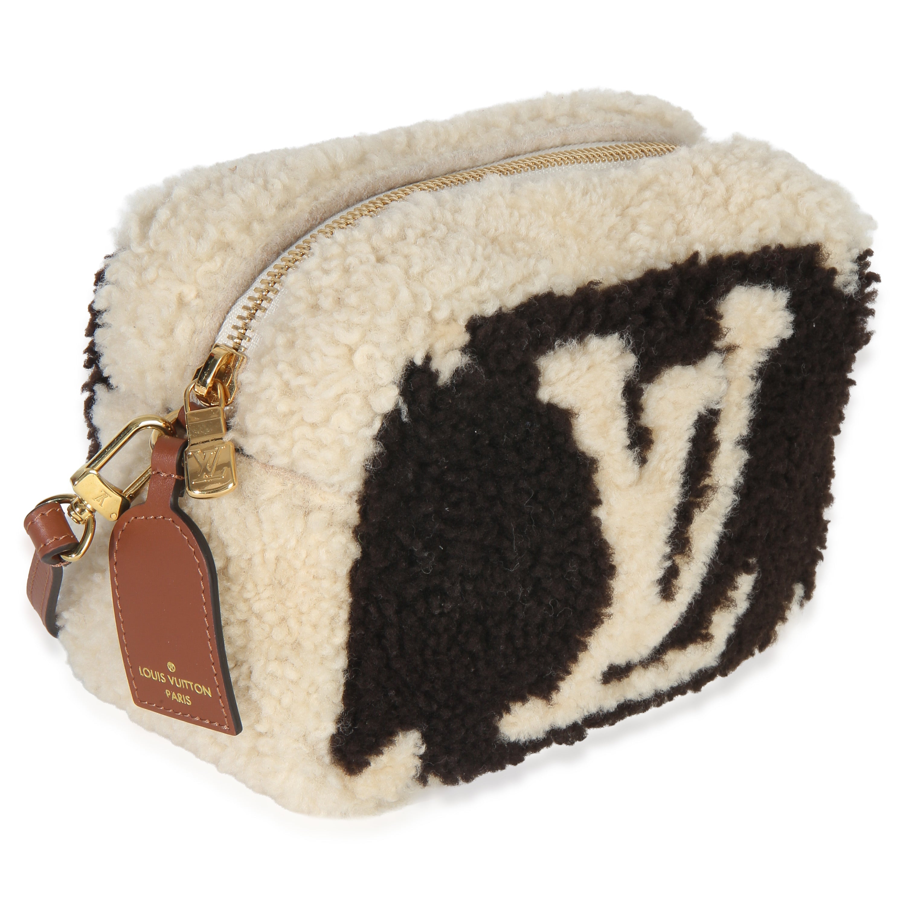 Brown Beige Monogram Teddy Fleece Beach Pouch