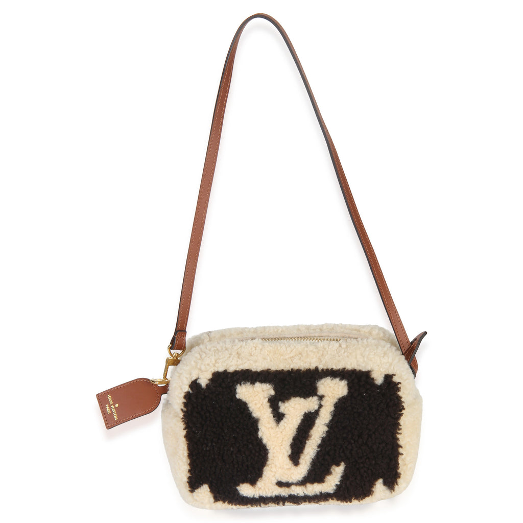 Brown Beige Monogram Teddy Fleece Beach Pouch