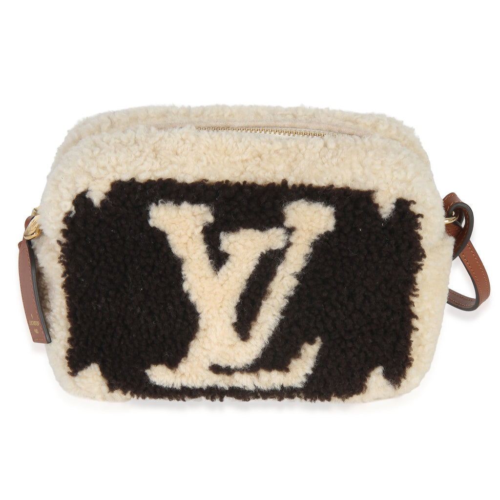 Brown Beige Monogram Teddy Fleece Beach Pouch