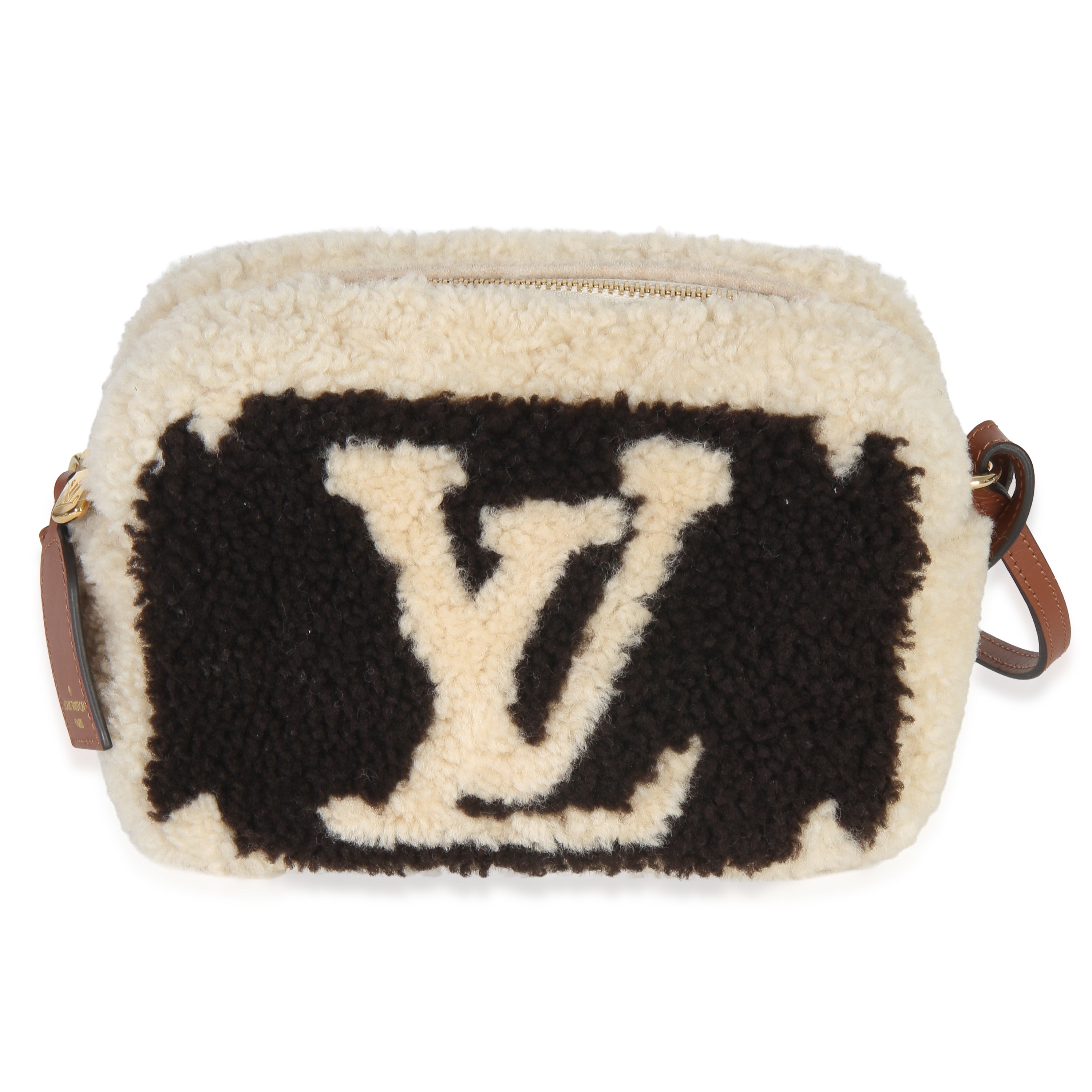 Brown Beige Monogram Teddy Fleece Beach Pouch