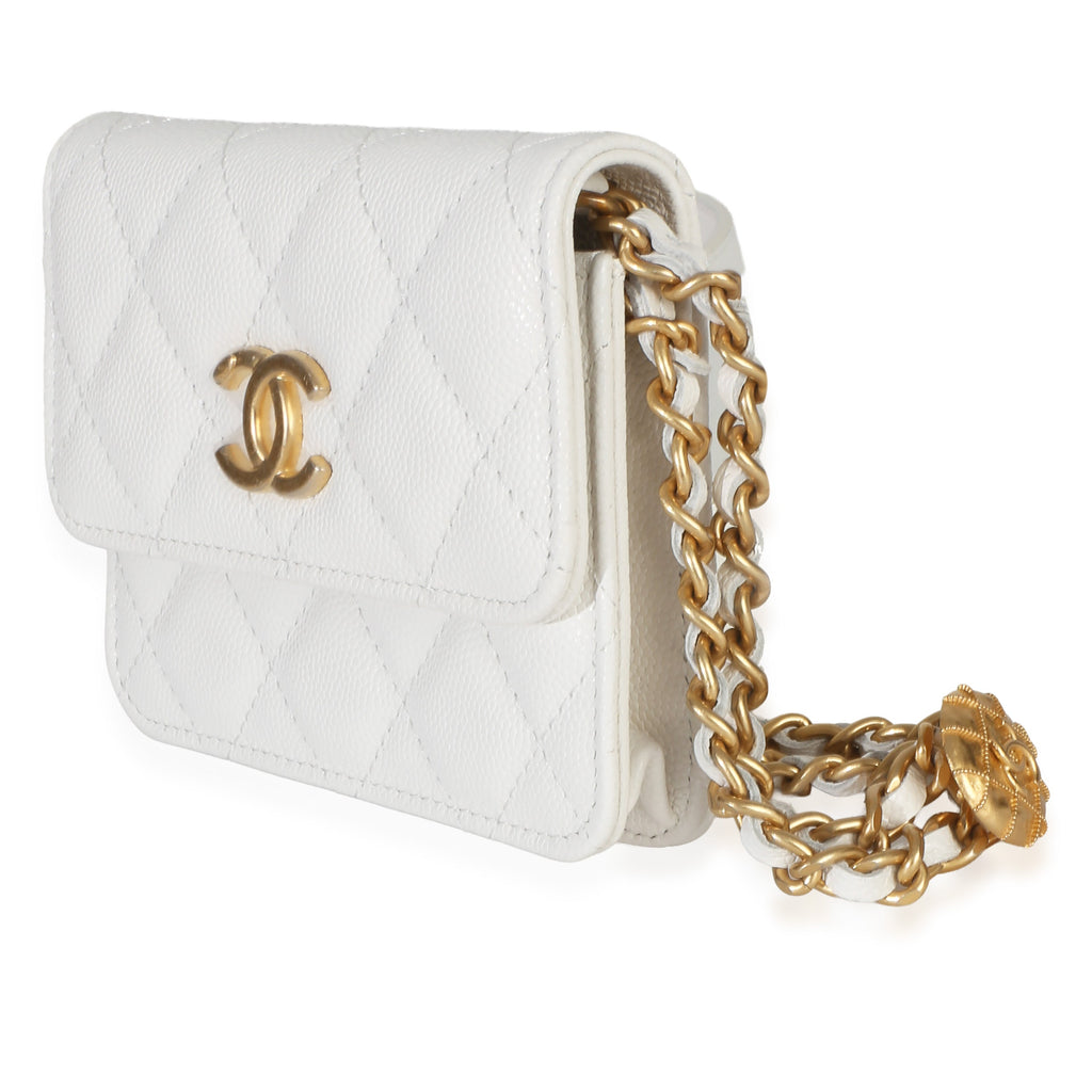 White Quilted Caviar Twist Your Buttons Coin Purse With Chain