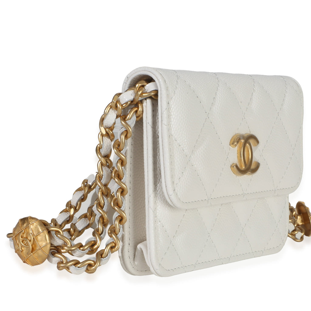 White Quilted Caviar Twist Your Buttons Coin Purse With Chain