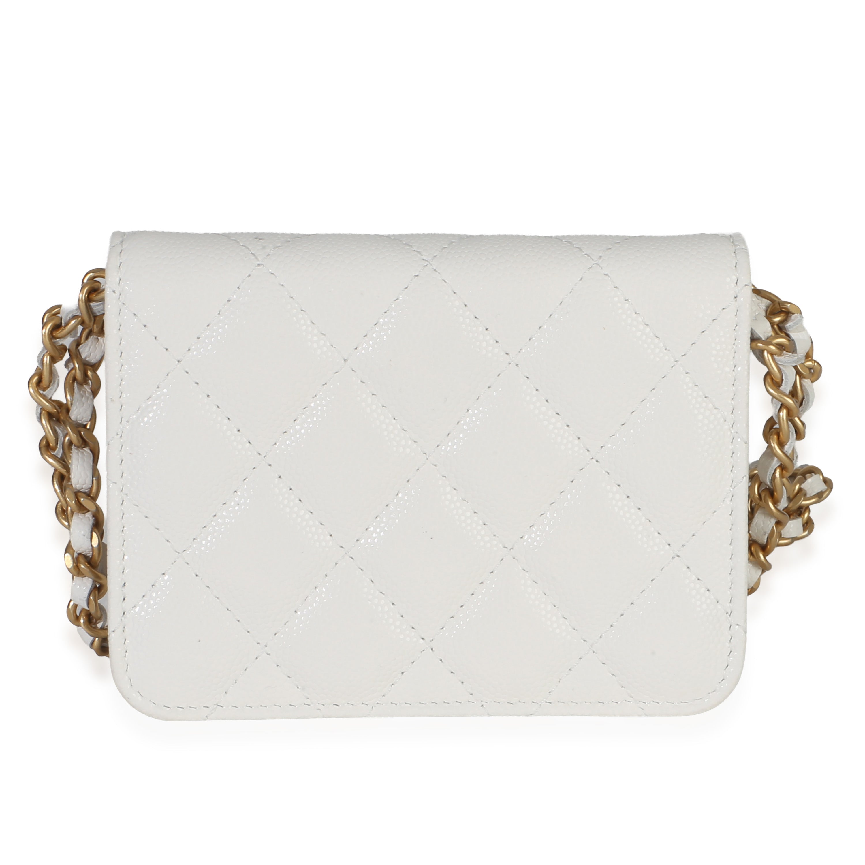 White Quilted Caviar Twist Your Buttons Coin Purse With Chain