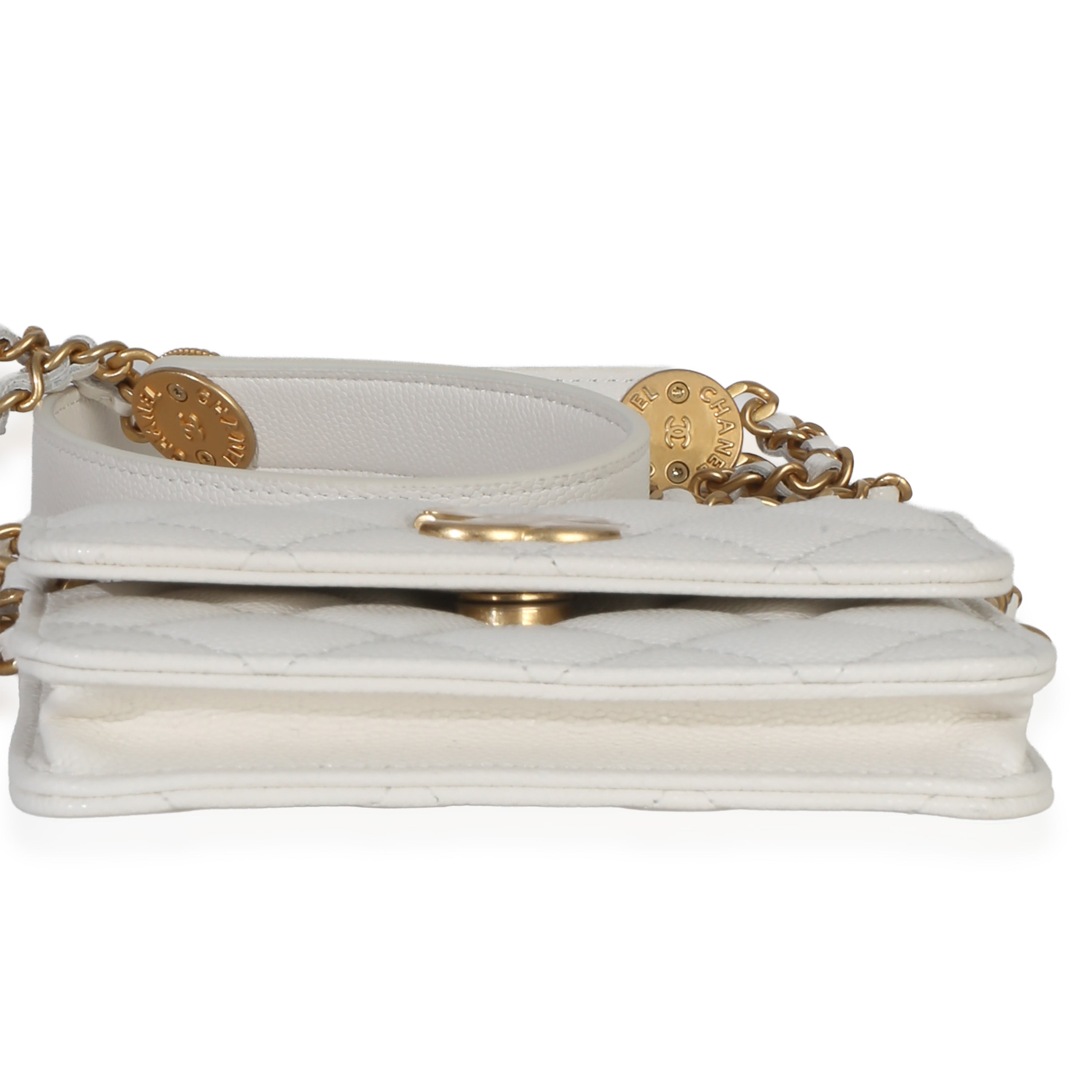 White Quilted Caviar Twist Your Buttons Coin Purse With Chain