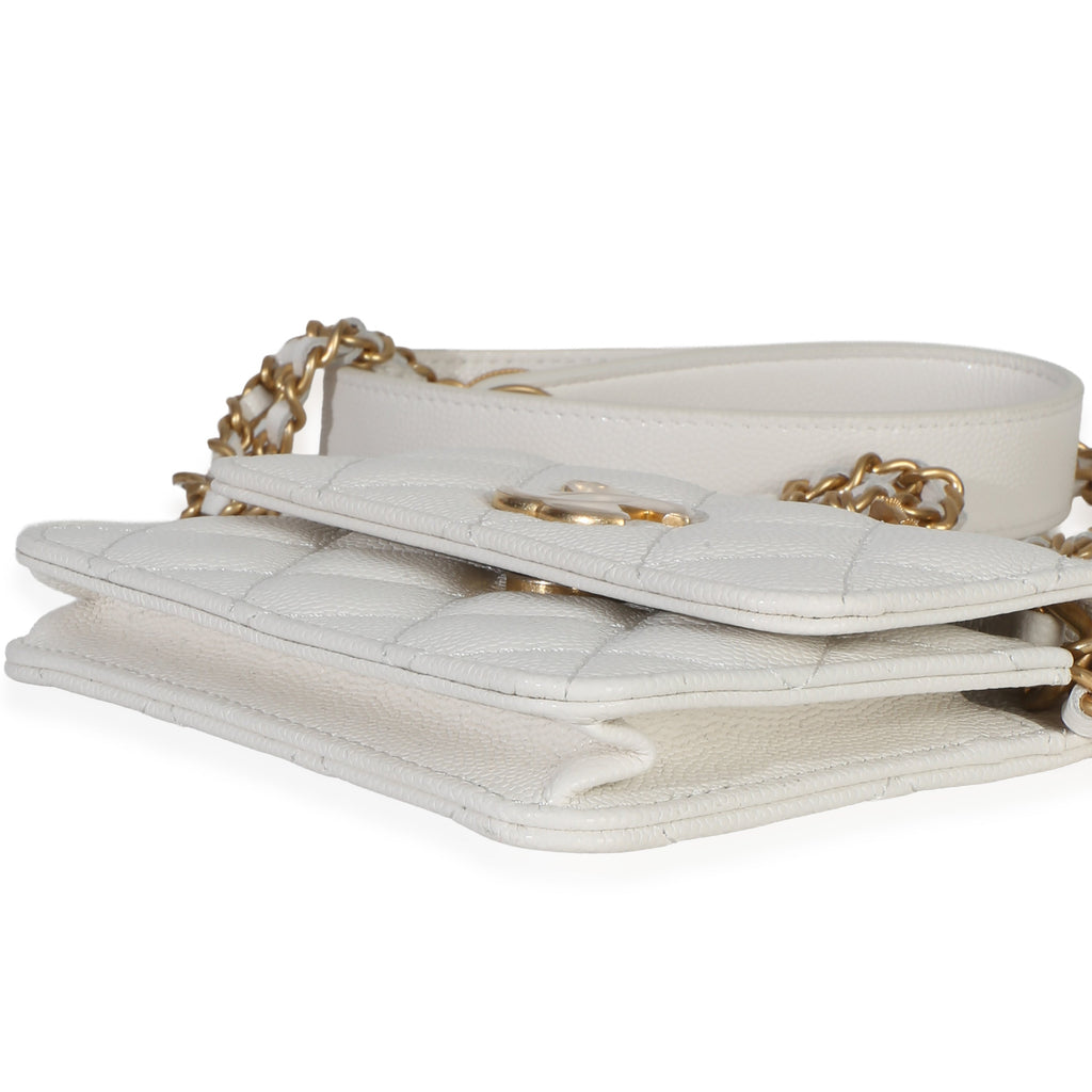 White Quilted Caviar Twist Your Buttons Coin Purse With Chain