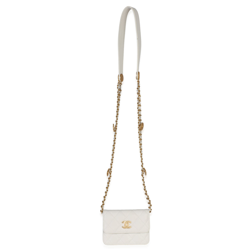 White Quilted Caviar Twist Your Buttons Coin Purse With Chain