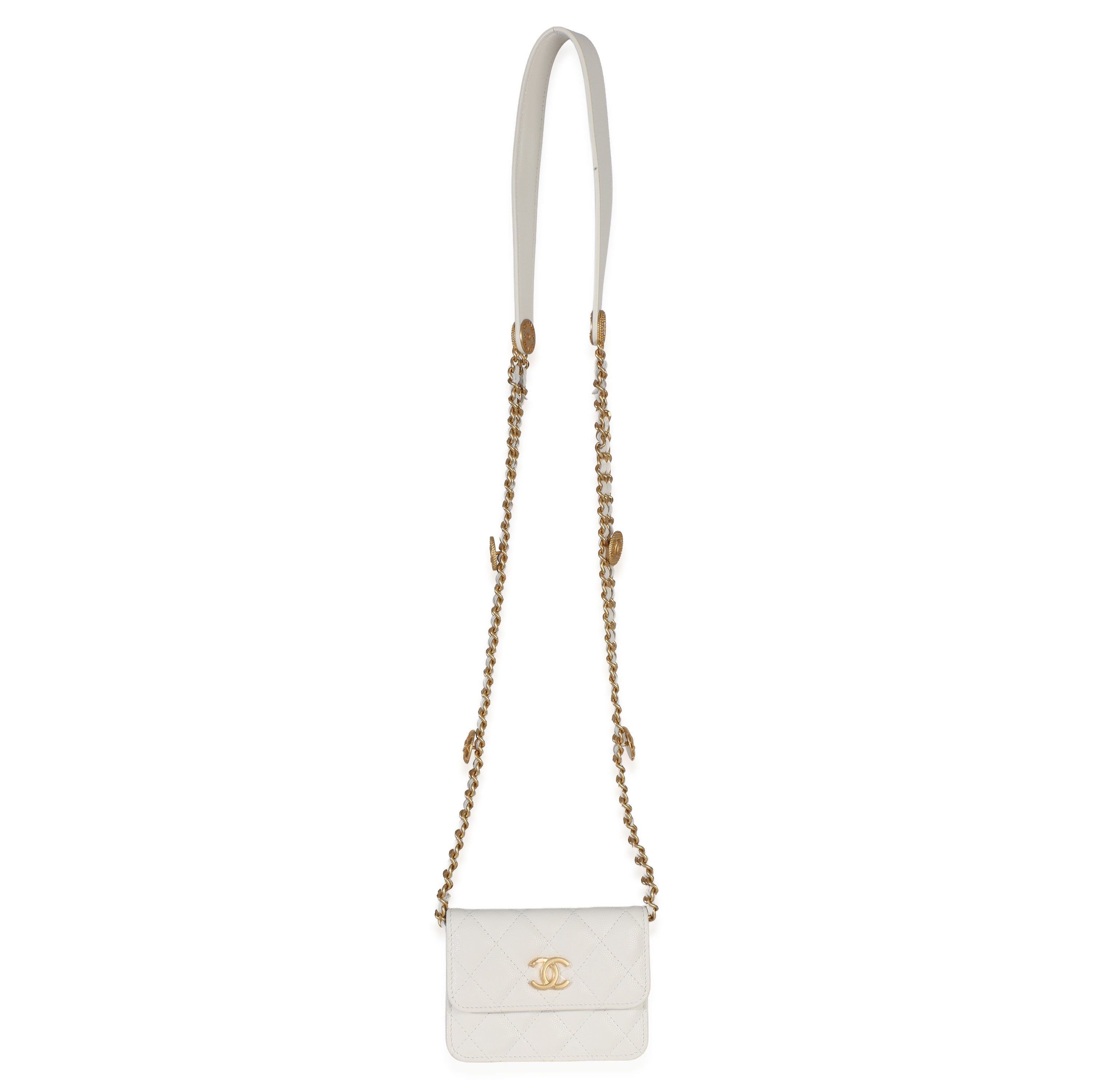 White Quilted Caviar Twist Your Buttons Coin Purse With Chain