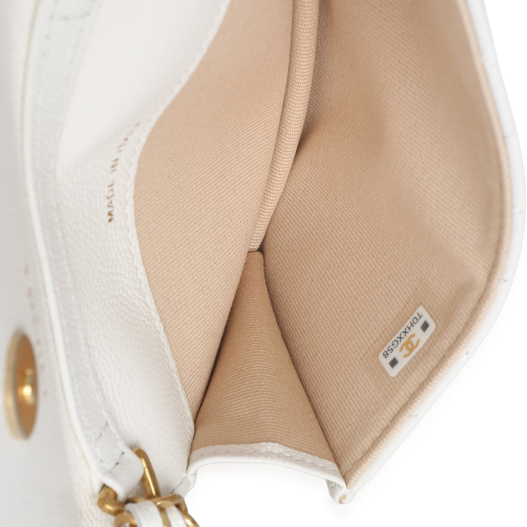 White Quilted Caviar Twist Your Buttons Coin Purse With Chain