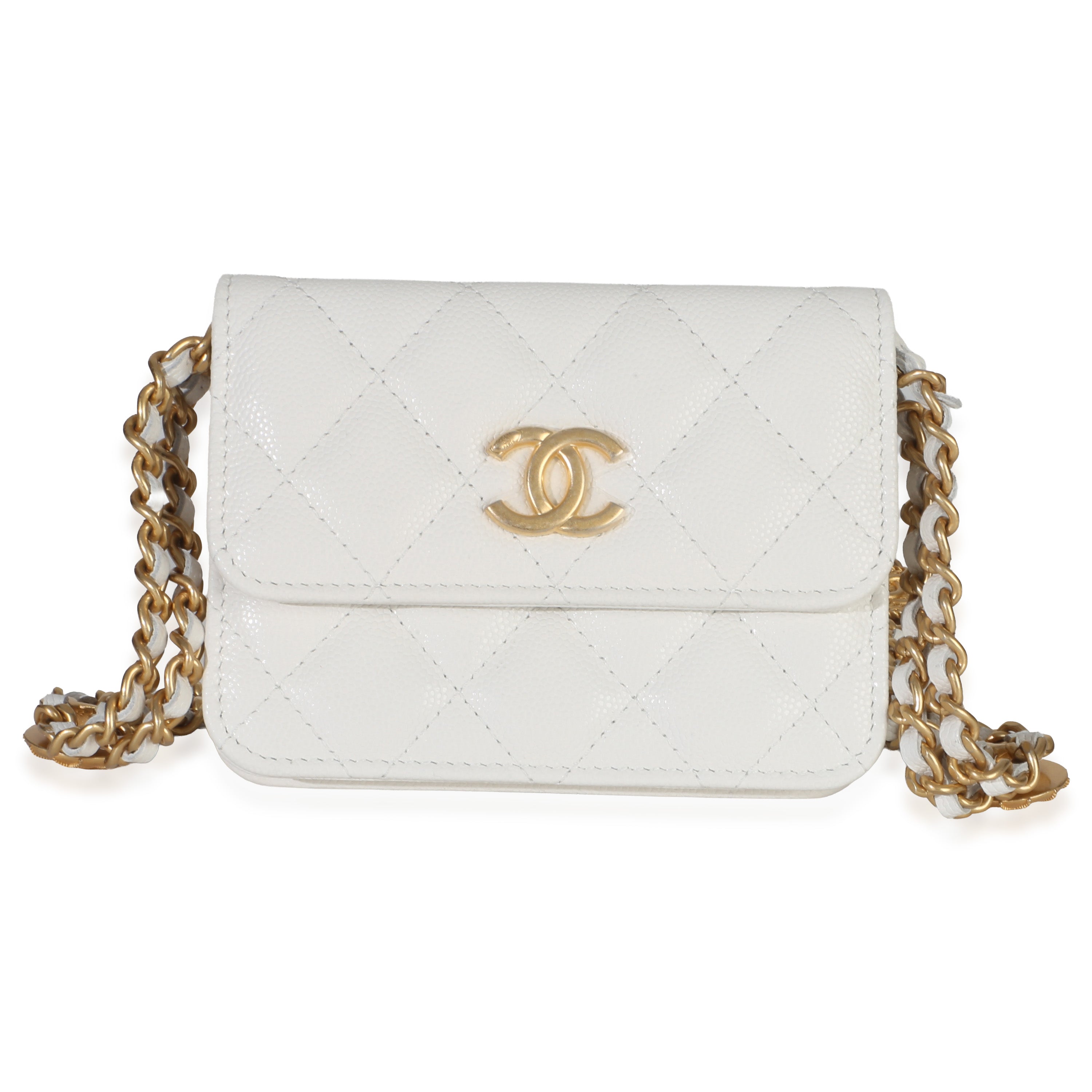 White Quilted Caviar Twist Your Buttons Coin Purse With Chain