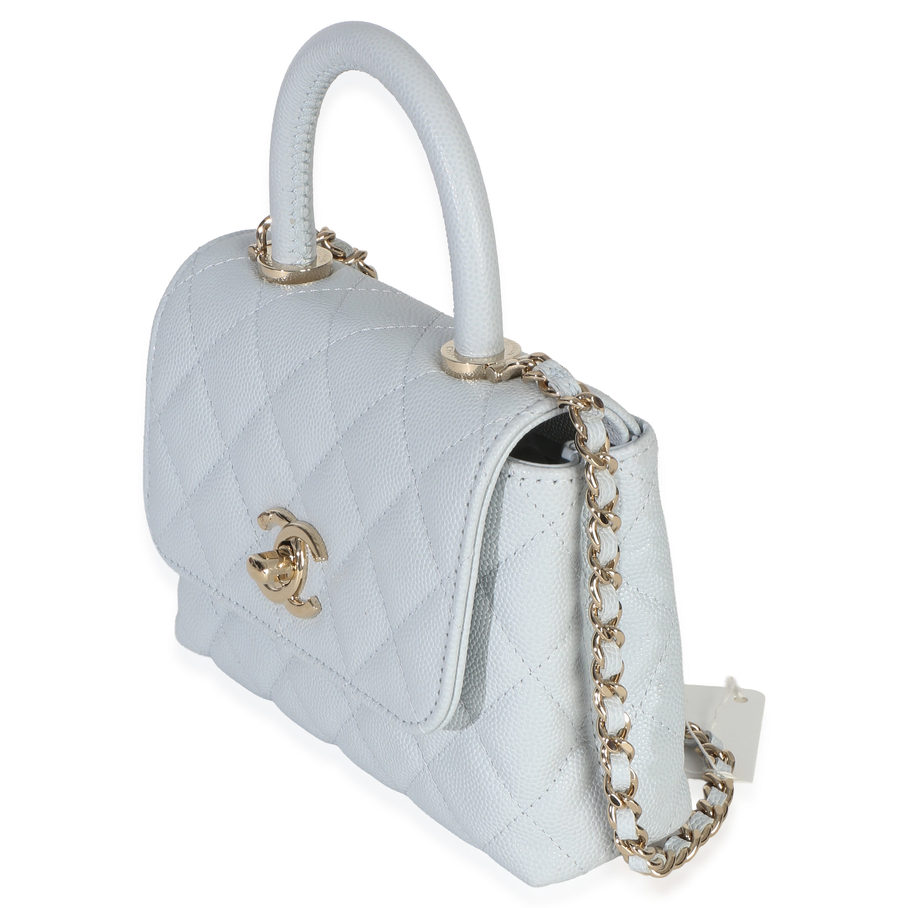 Light Blue Quilted Caviar Coco Handle Clutch With Chain Handbag