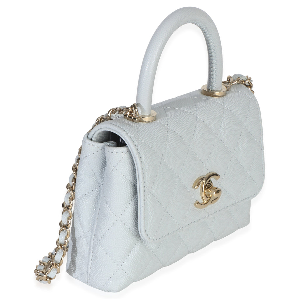 Light Blue Quilted Caviar Coco Handle Clutch With Chain Handbag