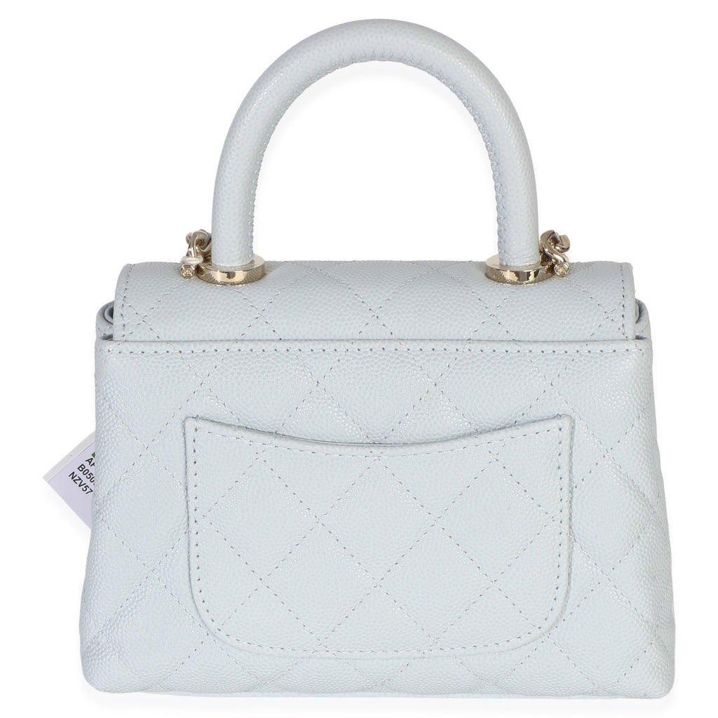 Light Blue Quilted Caviar Coco Handle Clutch With Chain Handbag