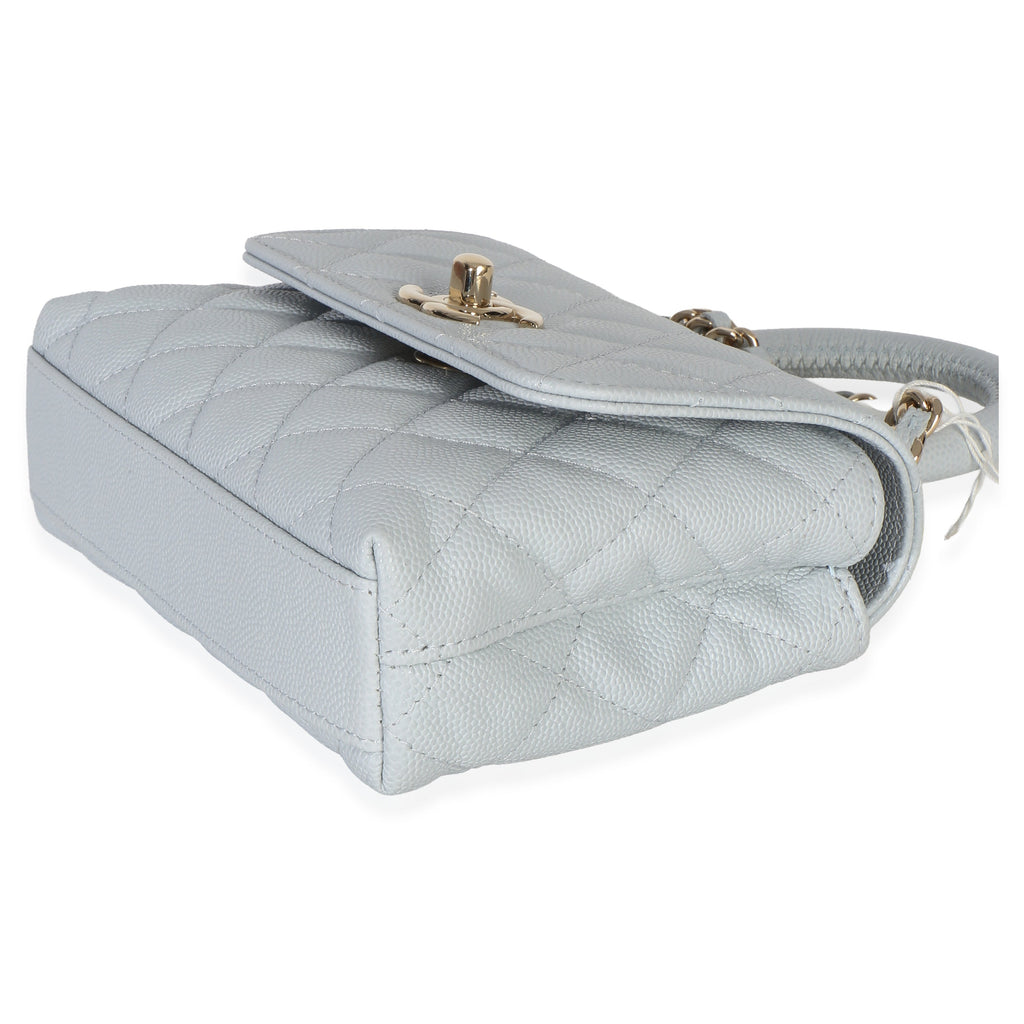 Light Blue Quilted Caviar Coco Handle Clutch With Chain Handbag