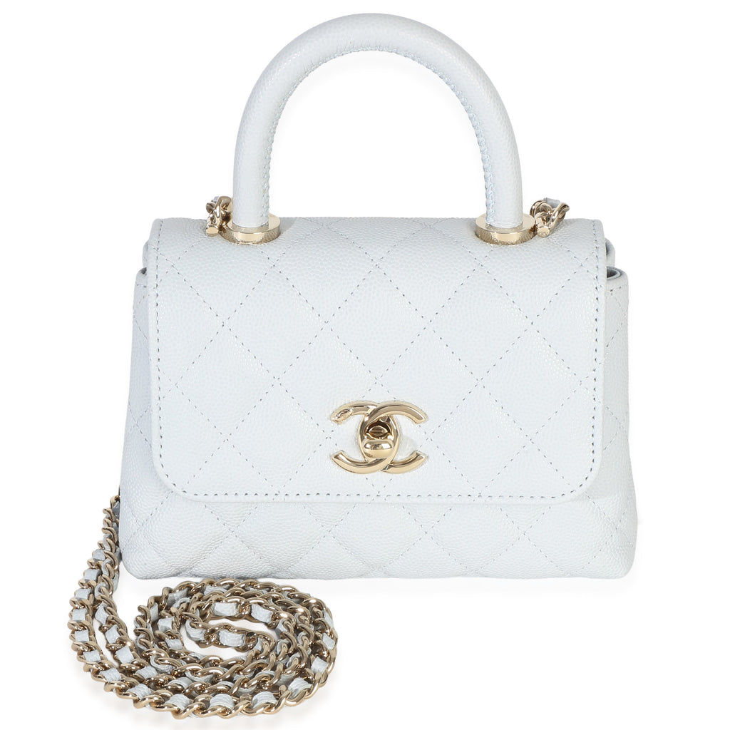 Light Blue Quilted Caviar Coco Handle Clutch With Chain Handbag