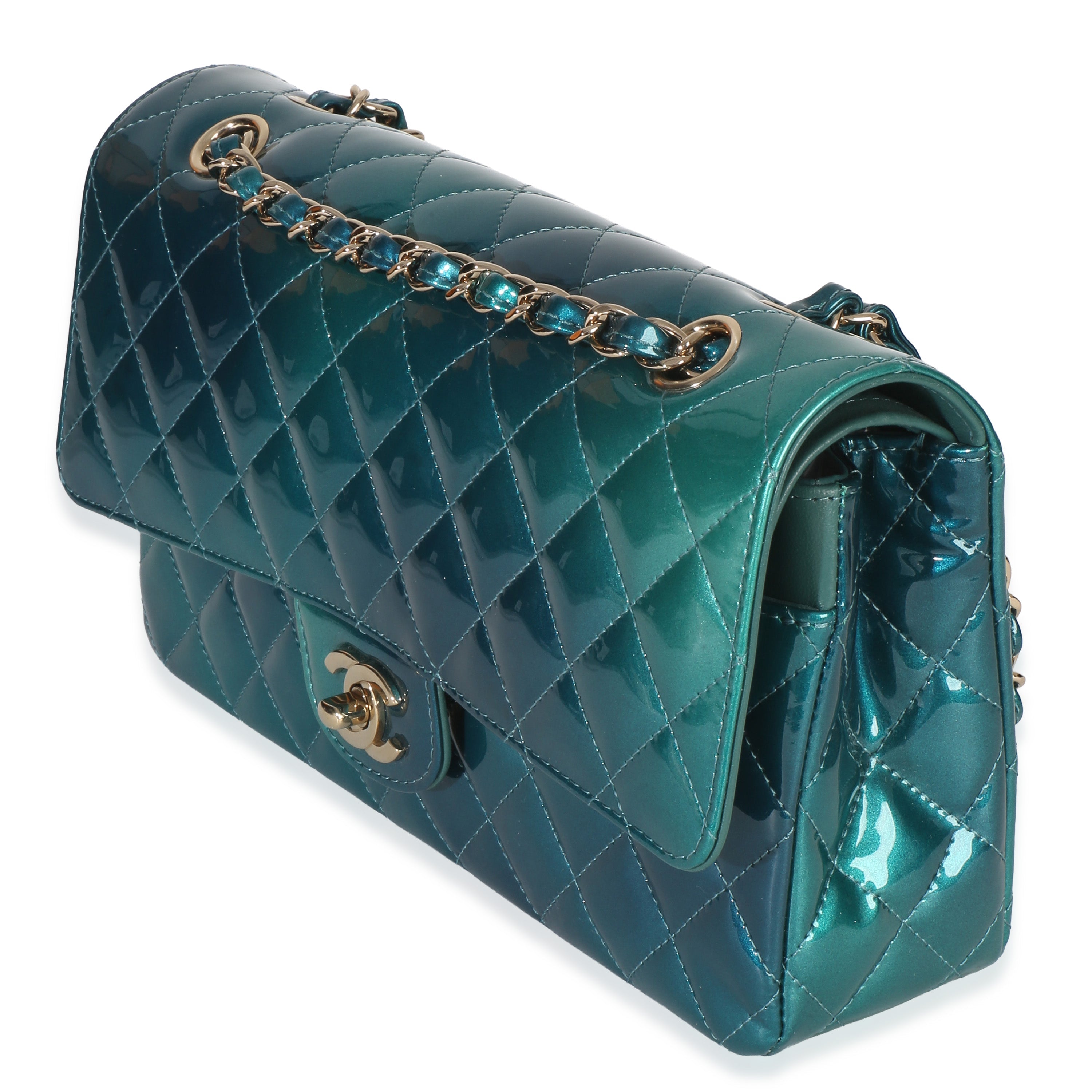 Green Blue Shaded Quilted Patent Medium Classic Double Flap Bag