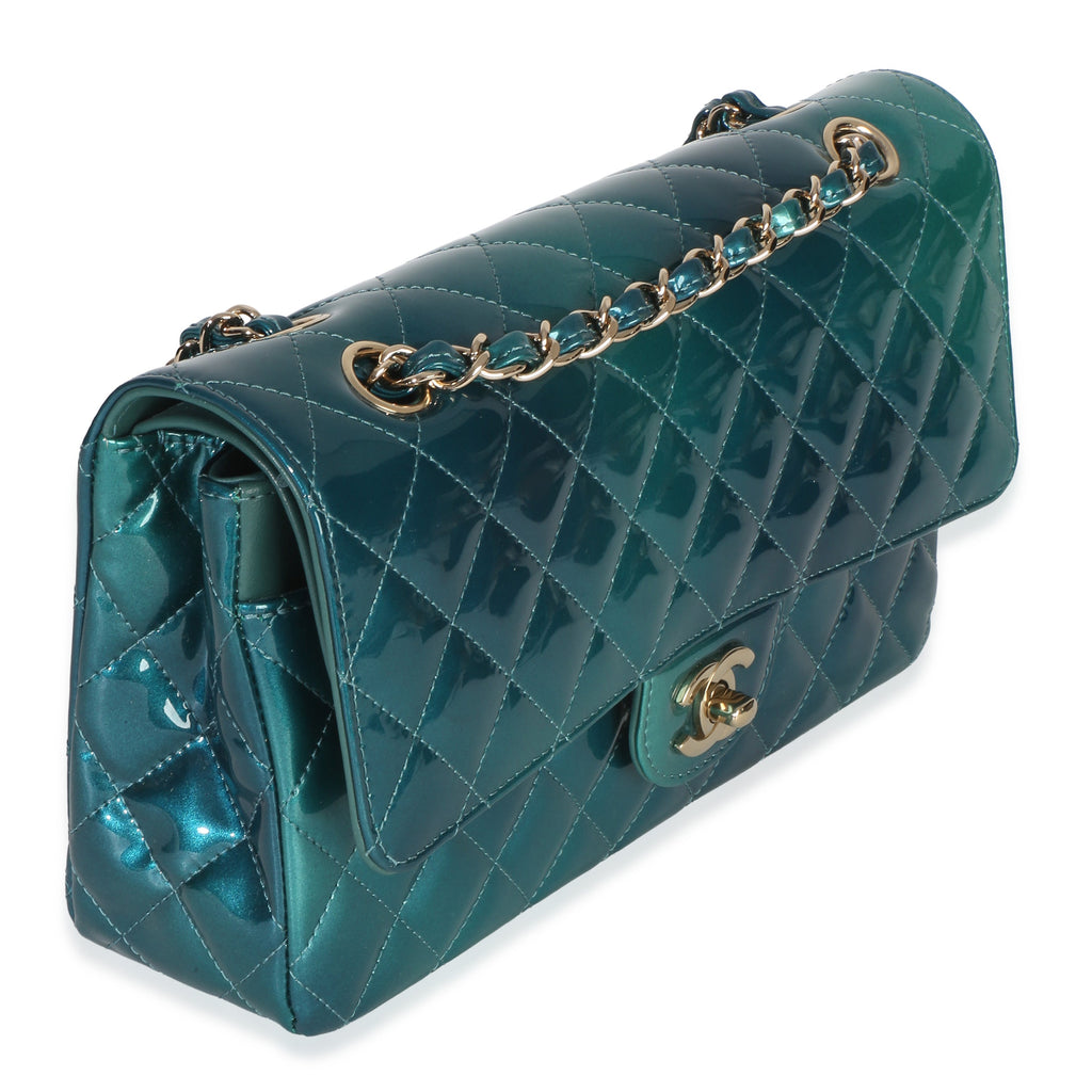 Green Blue Shaded Quilted Patent Medium Classic Double Flap Bag
