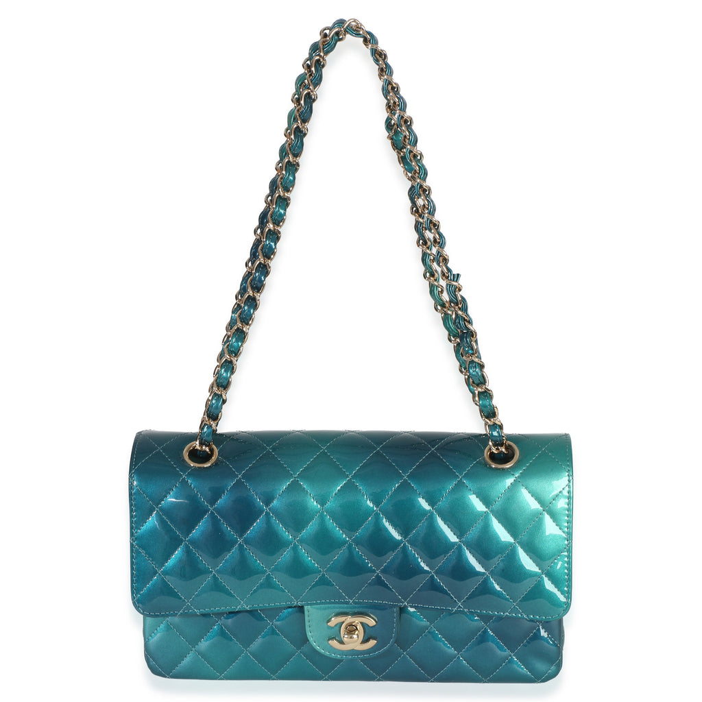 Green Blue Shaded Quilted Patent Medium Classic Double Flap Bag