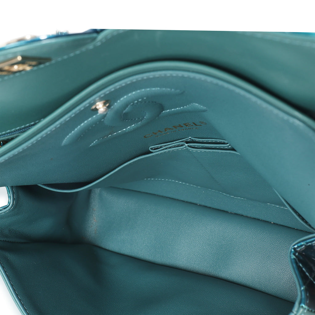 Green Blue Shaded Quilted Patent Medium Classic Double Flap Bag