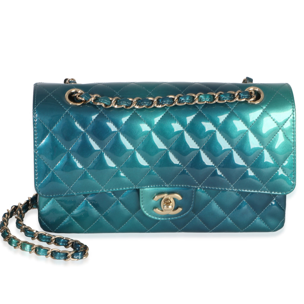 Green Blue Shaded Quilted Patent Medium Classic Double Flap Bag