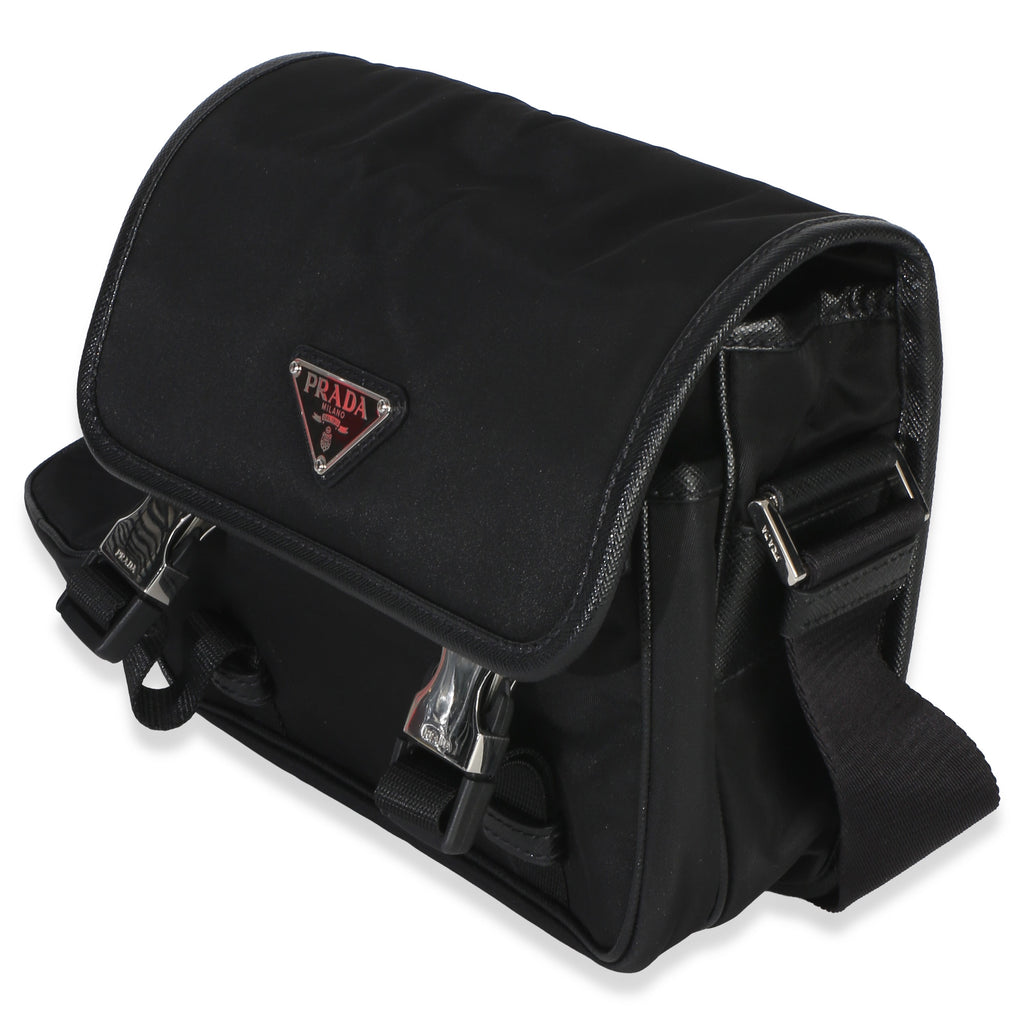 Black Re-Nylon Saffiano Double Buckle Messenger Bag