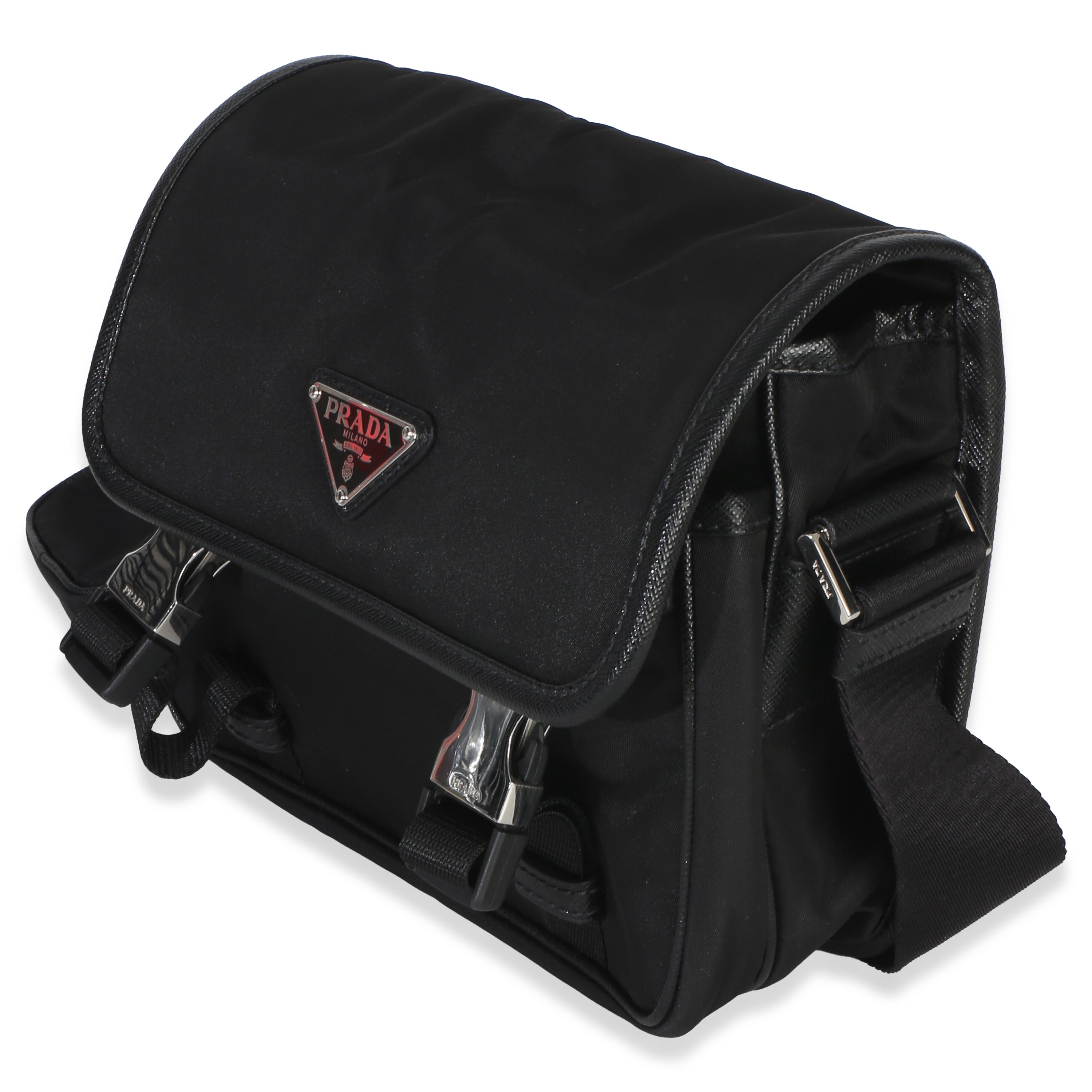 Black Re-Nylon Saffiano Double Buckle Messenger Bag