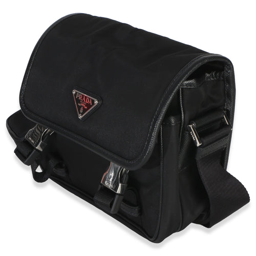 Black Re-Nylon Saffiano Double Buckle Messenger Bag