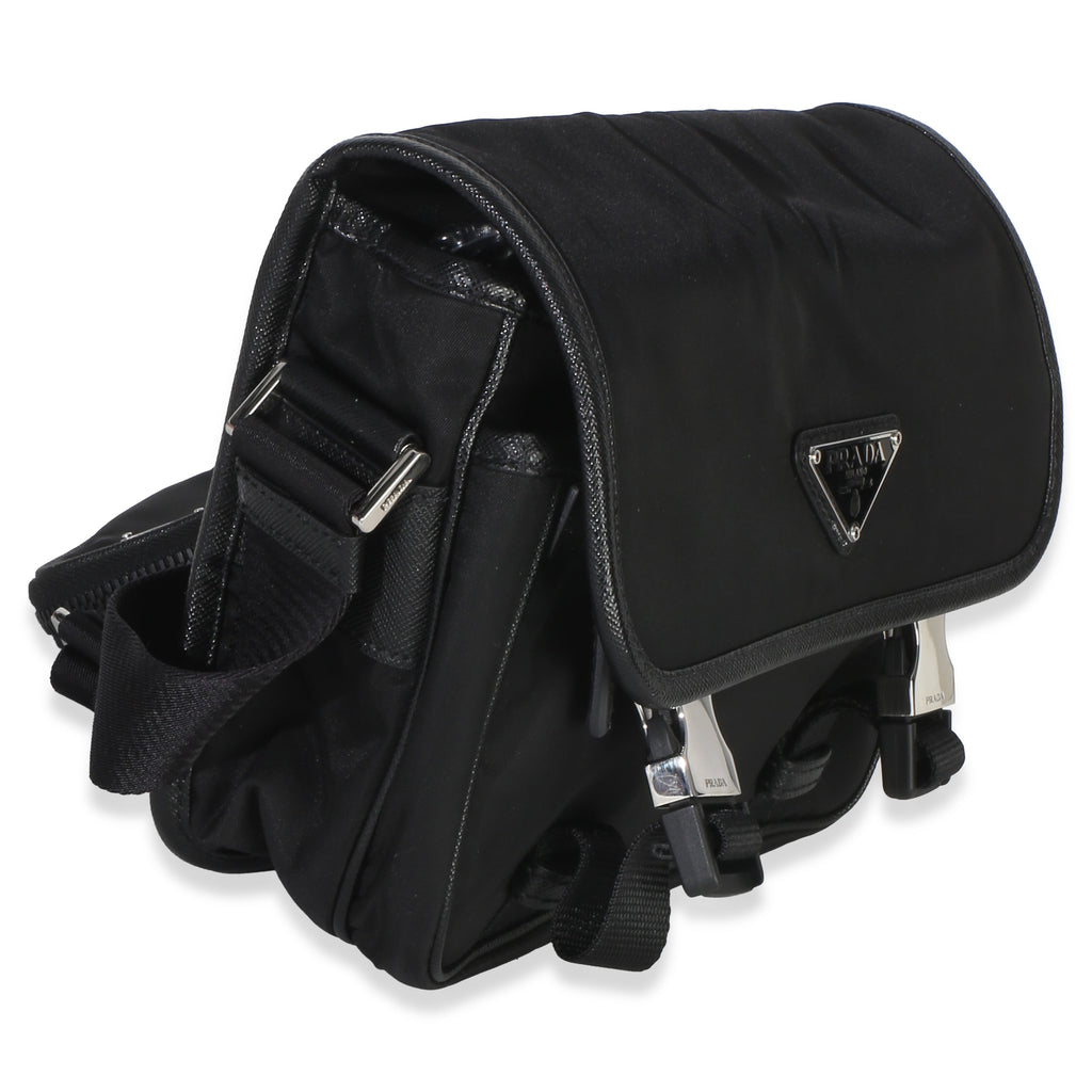Black Re-Nylon Saffiano Double Buckle Messenger Bag