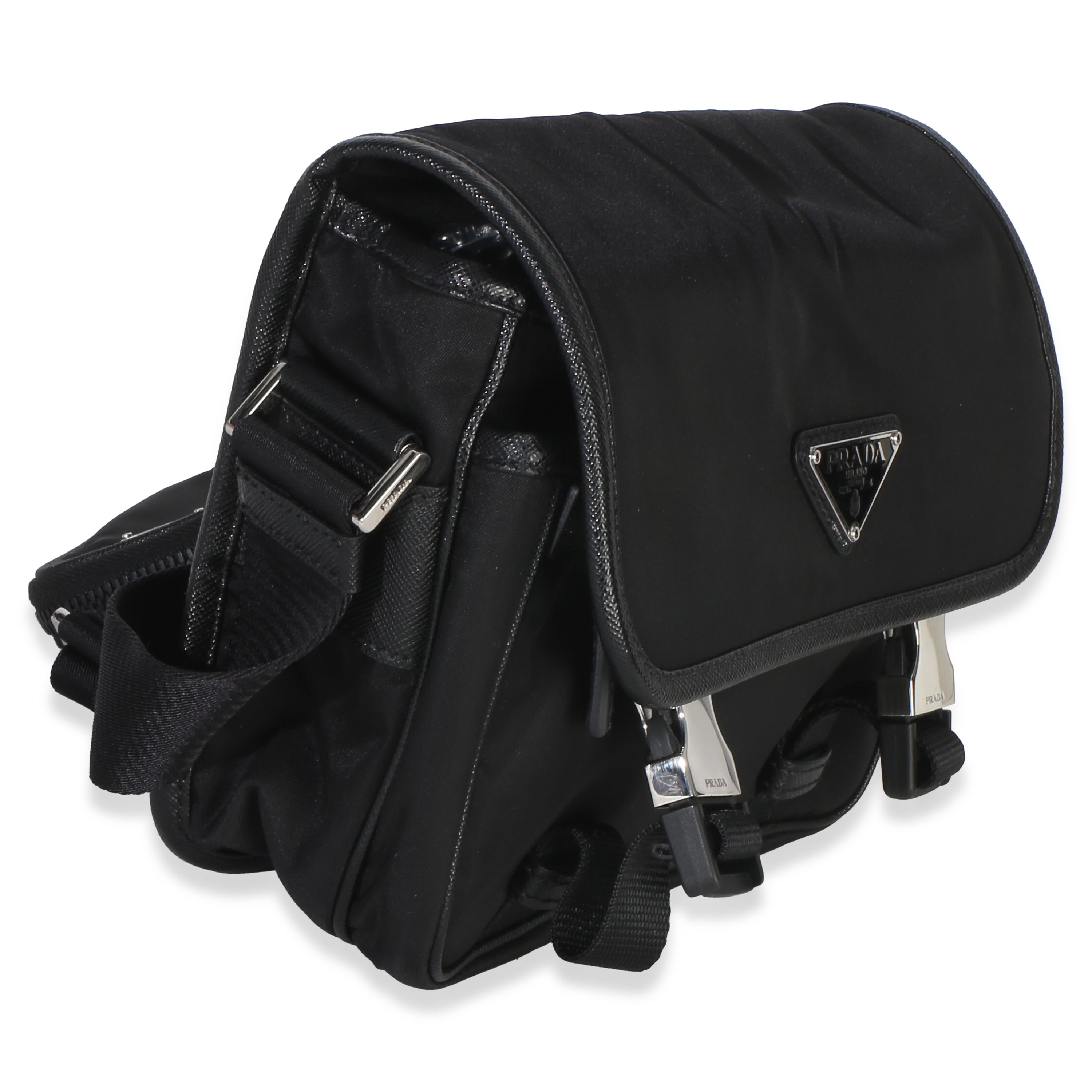 Black Re-Nylon Saffiano Double Buckle Messenger Bag