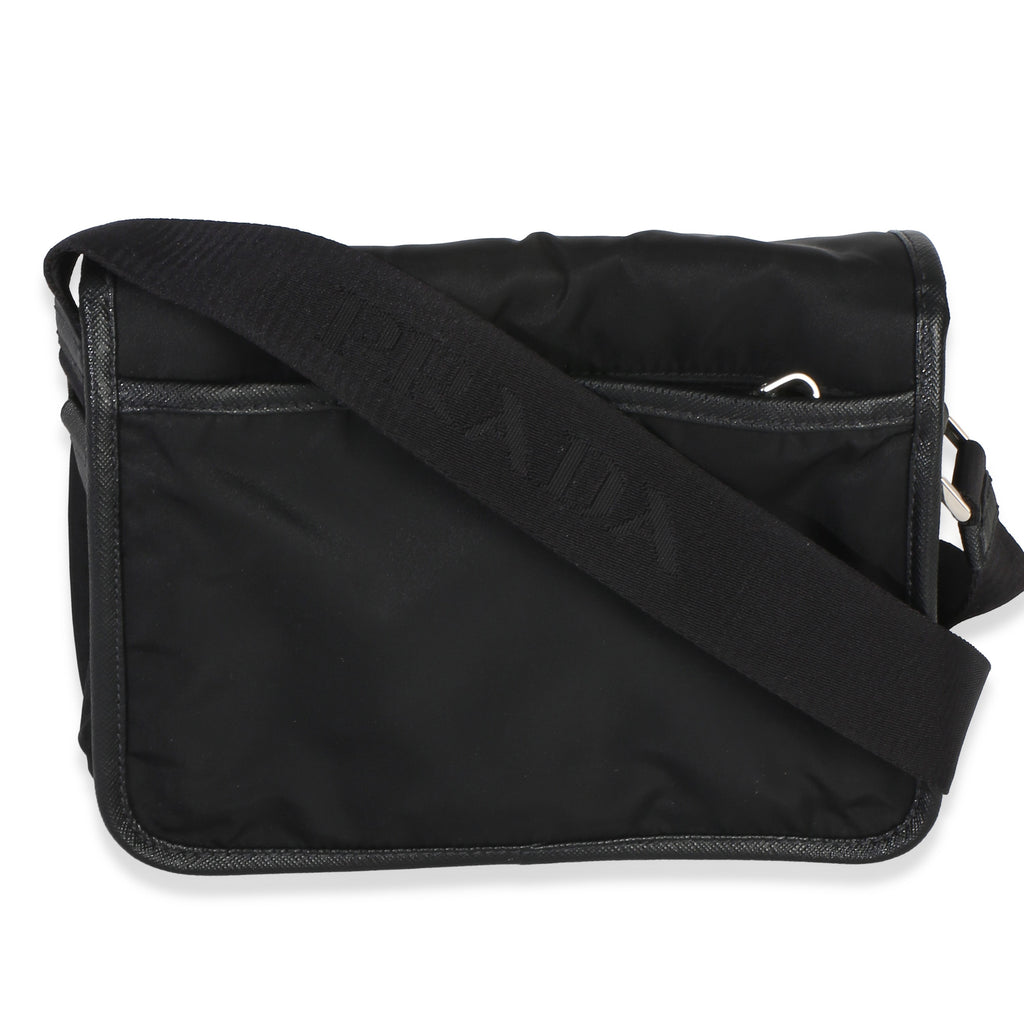 Black Re-Nylon Saffiano Double Buckle Messenger Bag