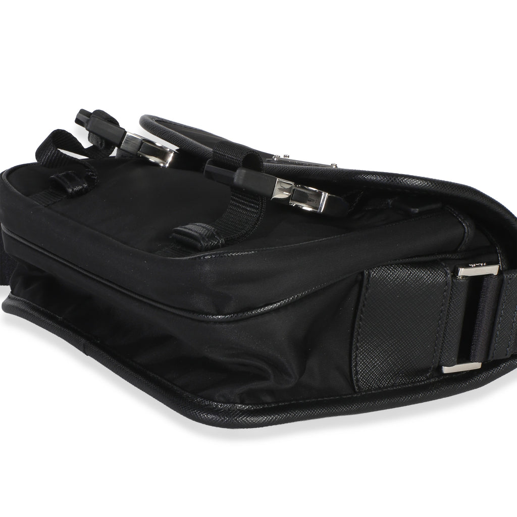 Black Re-Nylon Saffiano Double Buckle Messenger Bag