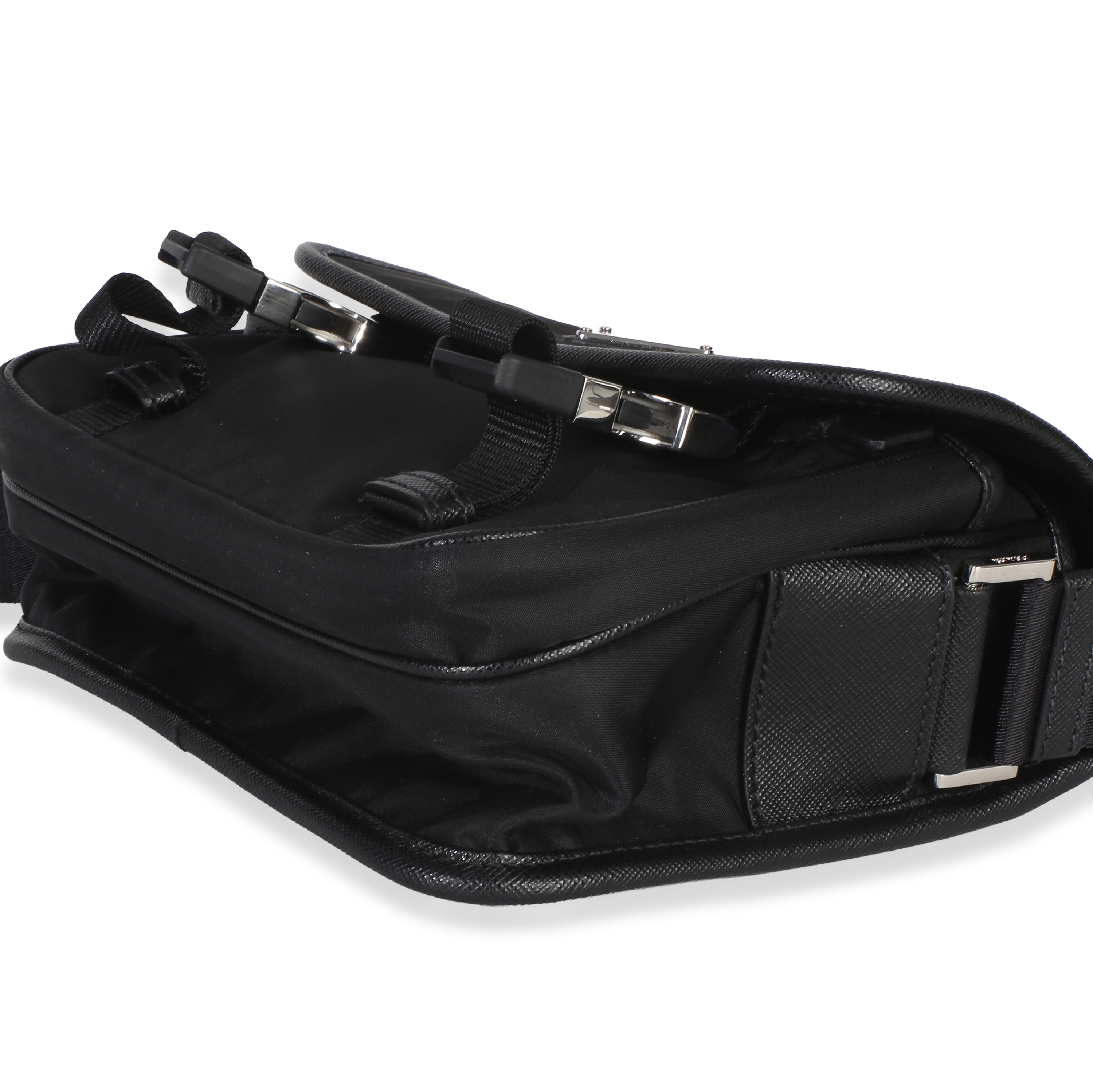 Black Re-Nylon Saffiano Double Buckle Messenger Bag