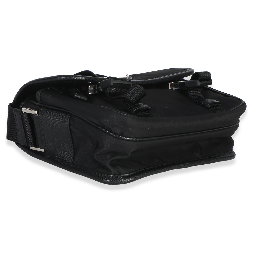 Black Re-Nylon Saffiano Double Buckle Messenger Bag