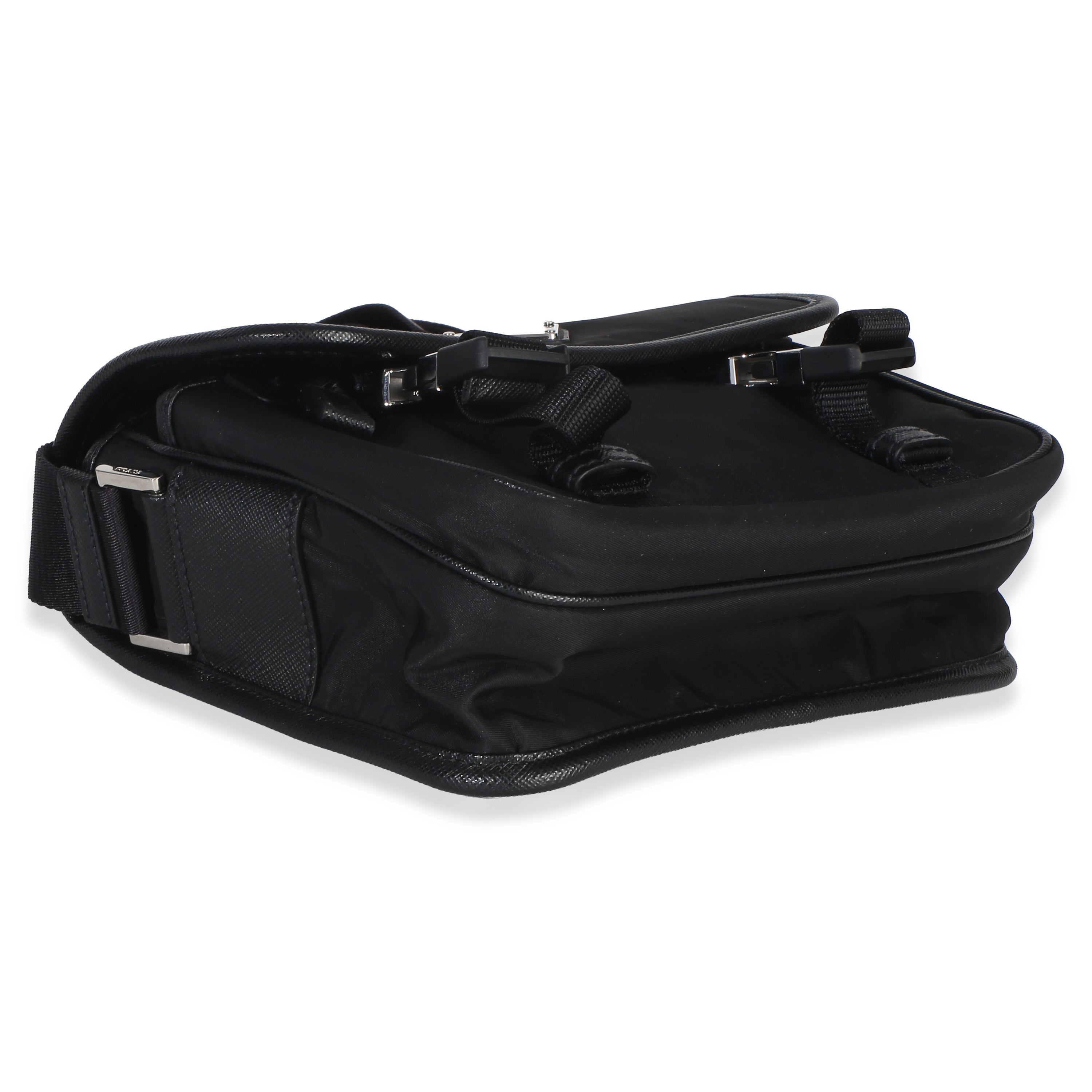 Black Re-Nylon Saffiano Double Buckle Messenger Bag