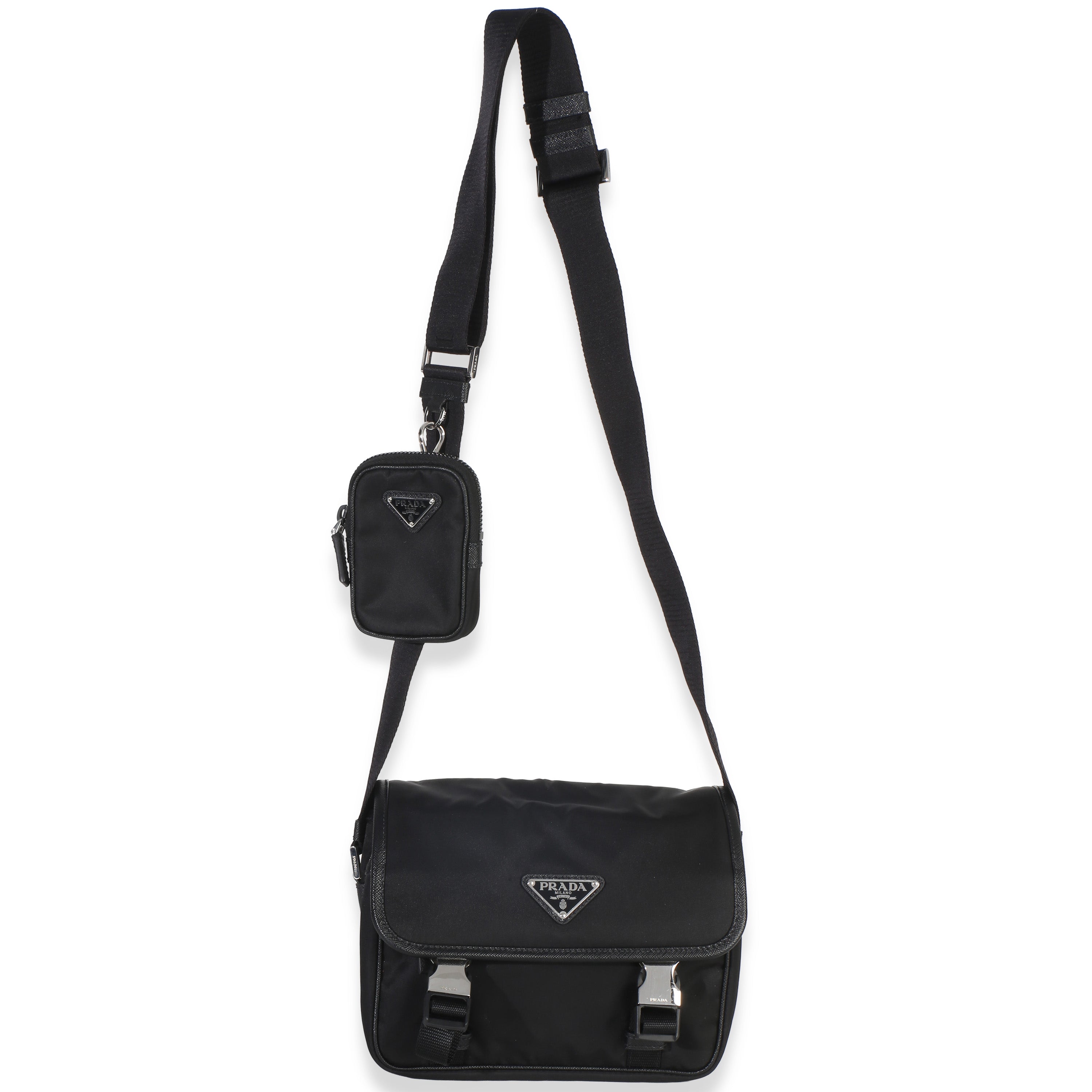 Black Re-Nylon Saffiano Double Buckle Messenger Bag