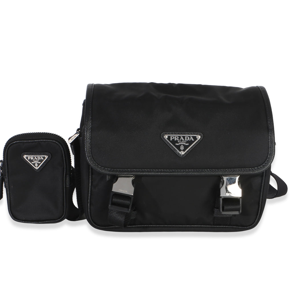 Black Re-Nylon Saffiano Double Buckle Messenger Bag
