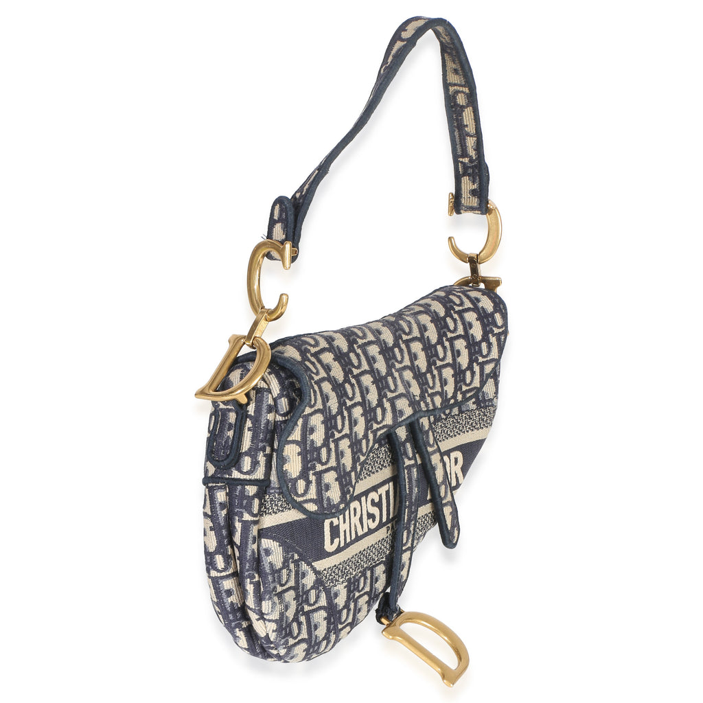 Blue Oblique Embroidered Medium Saddle Bag