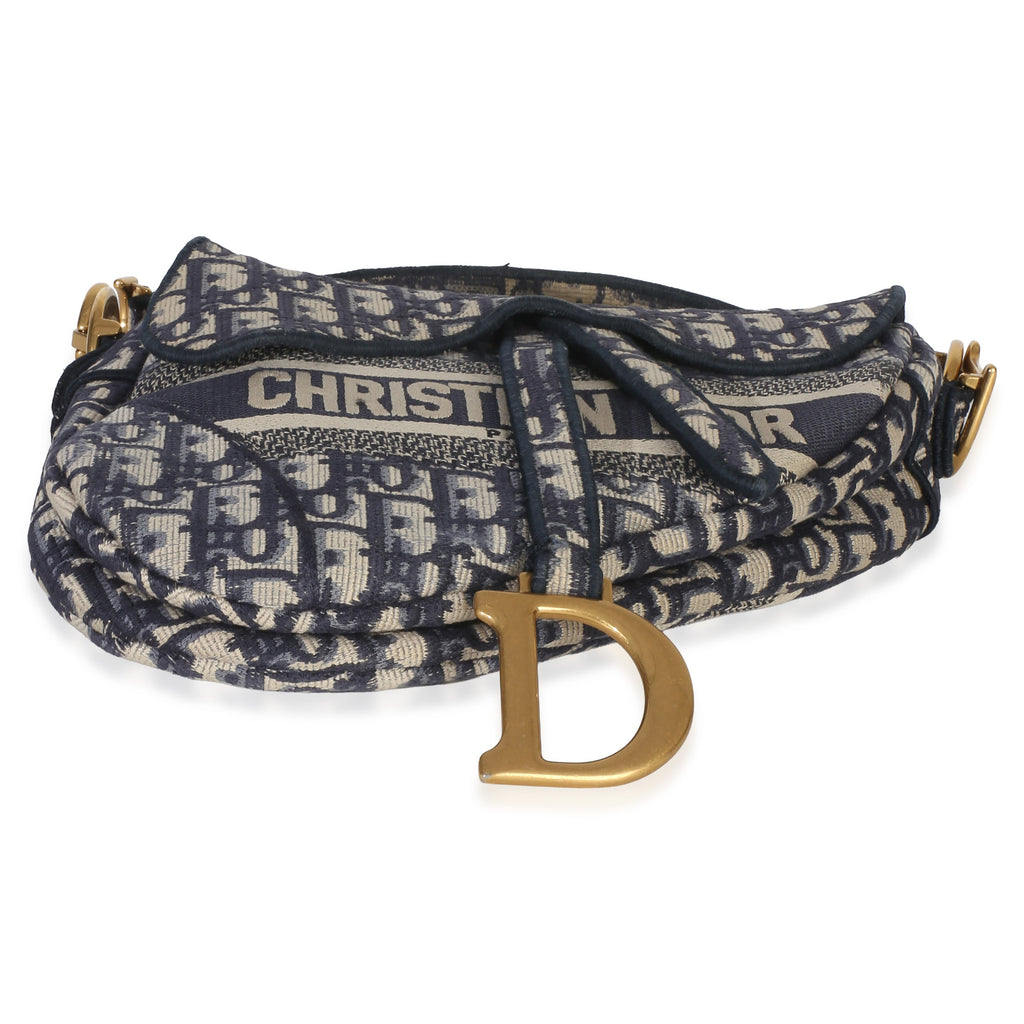 Blue Oblique Embroidered Medium Saddle Bag
