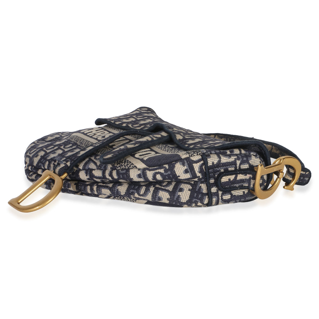 Blue Oblique Embroidered Medium Saddle Bag