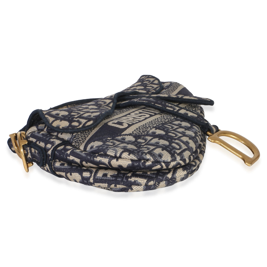 Blue Oblique Embroidered Medium Saddle Bag