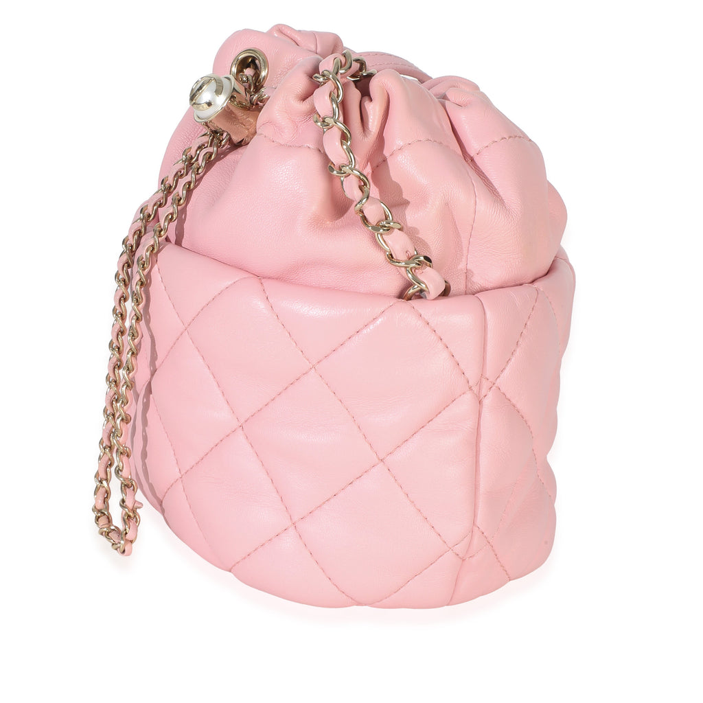 Pink Quilted Lambskin Pearl Drawstring Bucket Bag