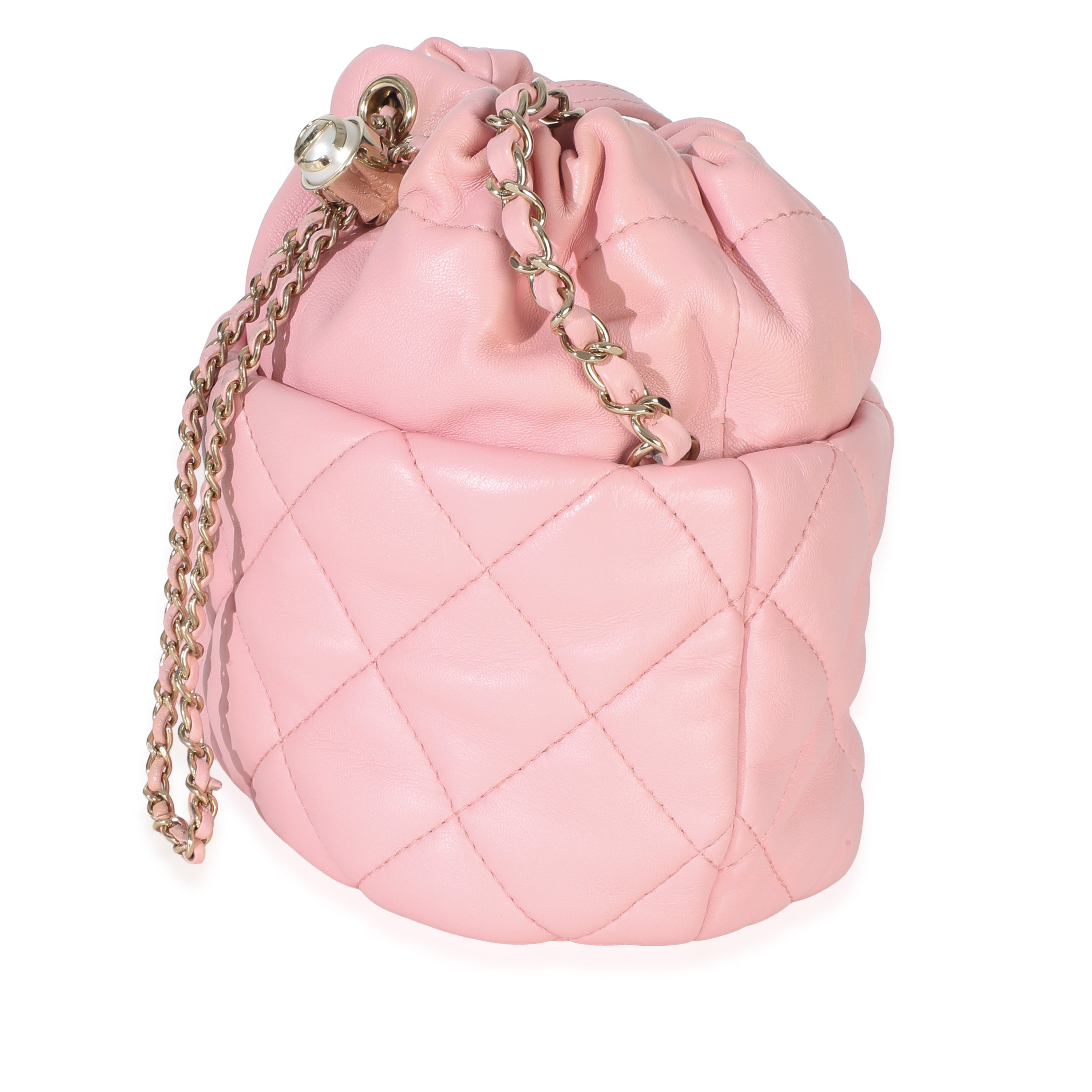 Pink Quilted Lambskin Pearl Drawstring Bucket Bag
