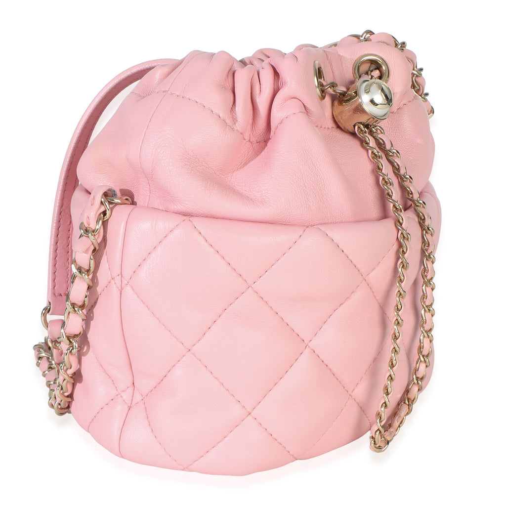 Pink Quilted Lambskin Pearl Drawstring Bucket Bag