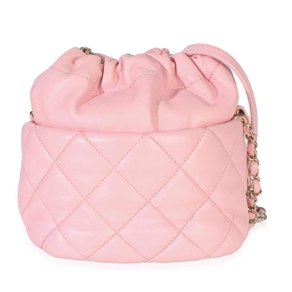 Pink Quilted Lambskin Pearl Drawstring Bucket Bag