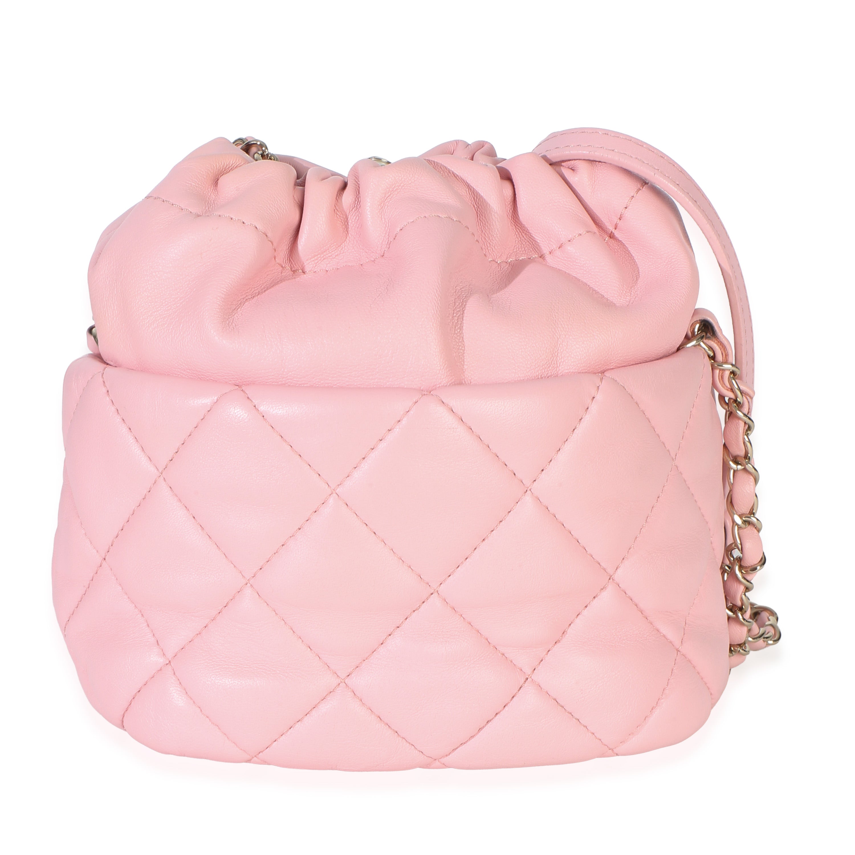 Pink Quilted Lambskin Pearl Drawstring Bucket Bag