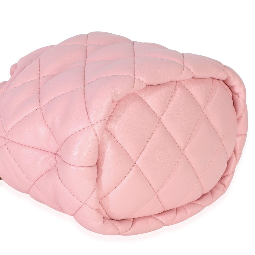 Pink Quilted Lambskin Pearl Drawstring Bucket Bag
