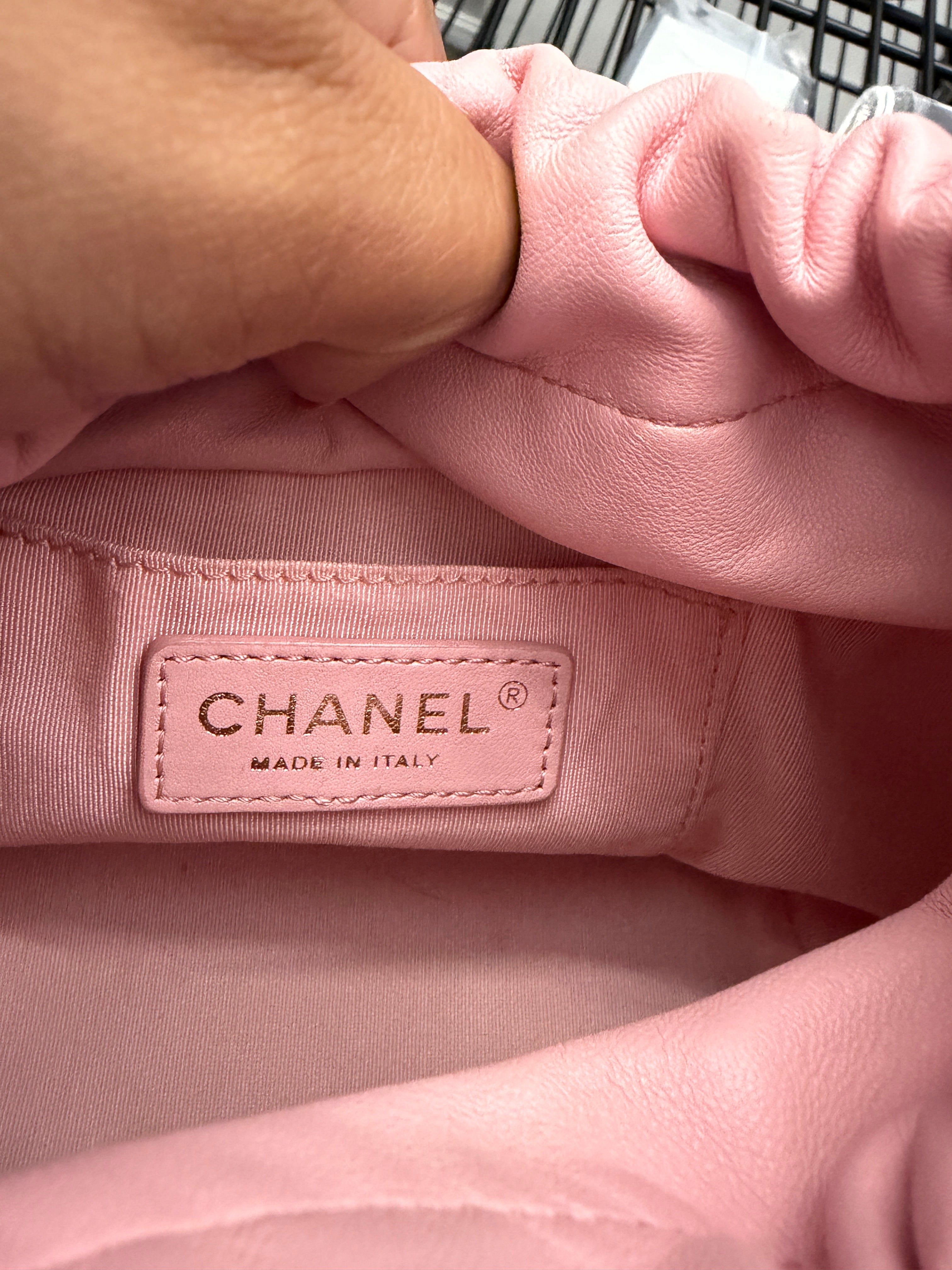 Pink Quilted Lambskin Pearl Drawstring Bucket Bag