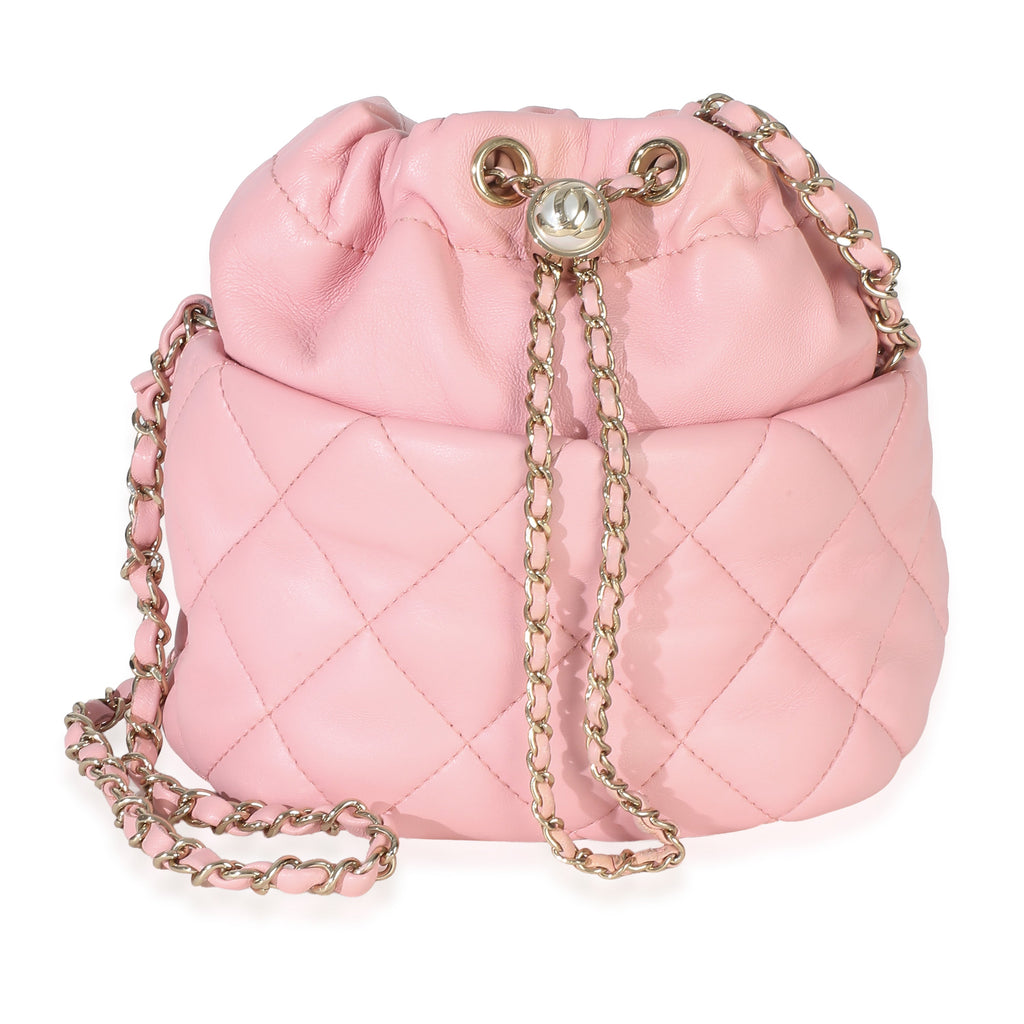 Pink Quilted Lambskin Pearl Drawstring Bucket Bag