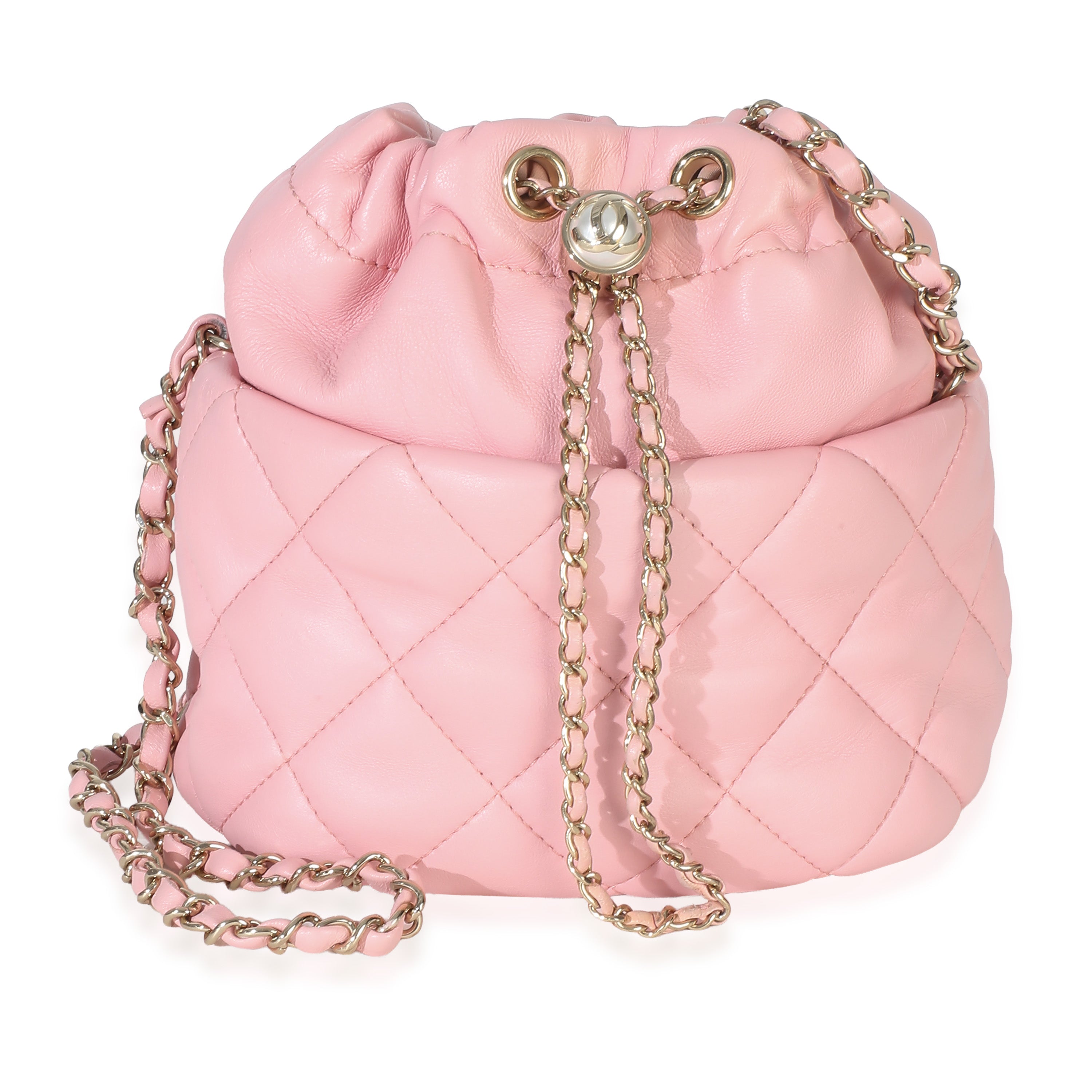 Pink Quilted Lambskin Pearl Drawstring Bucket Bag