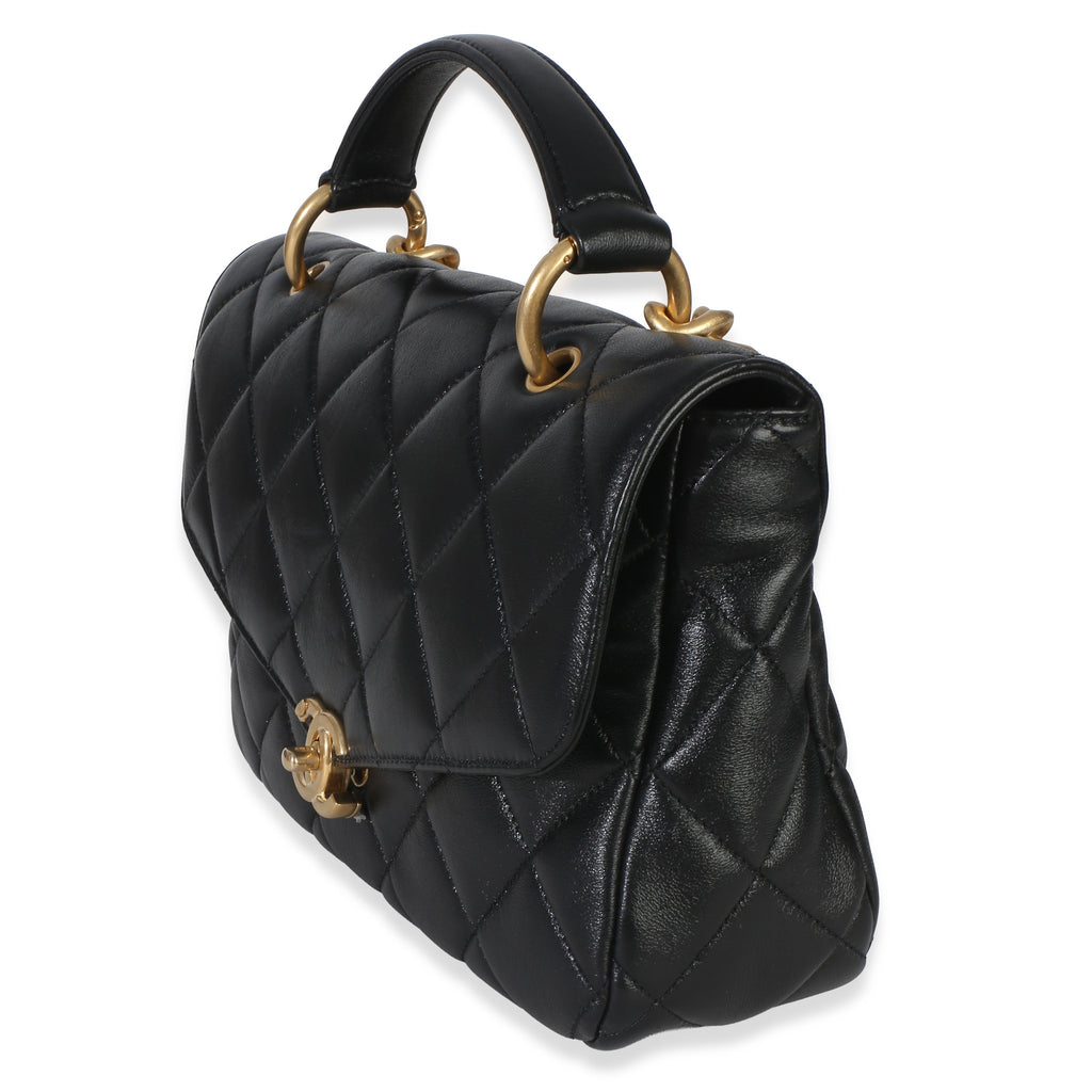 Black Quilted Lambskin Top Handle Envelope Flap Bag