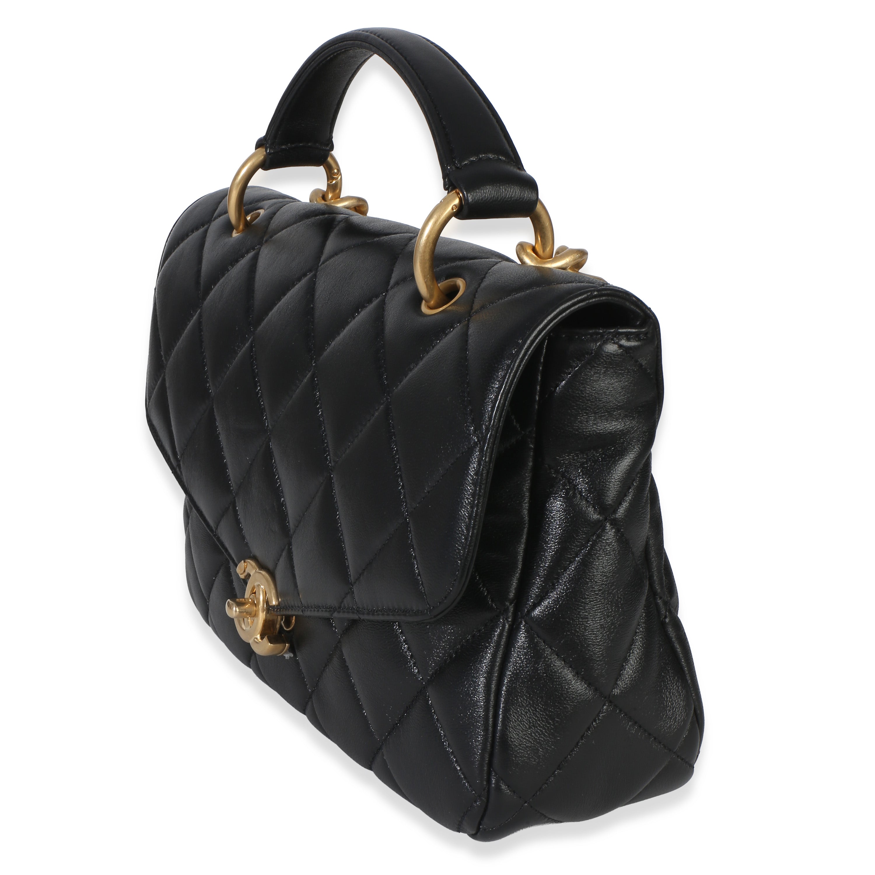 Black Quilted Lambskin Top Handle Envelope Flap Bag